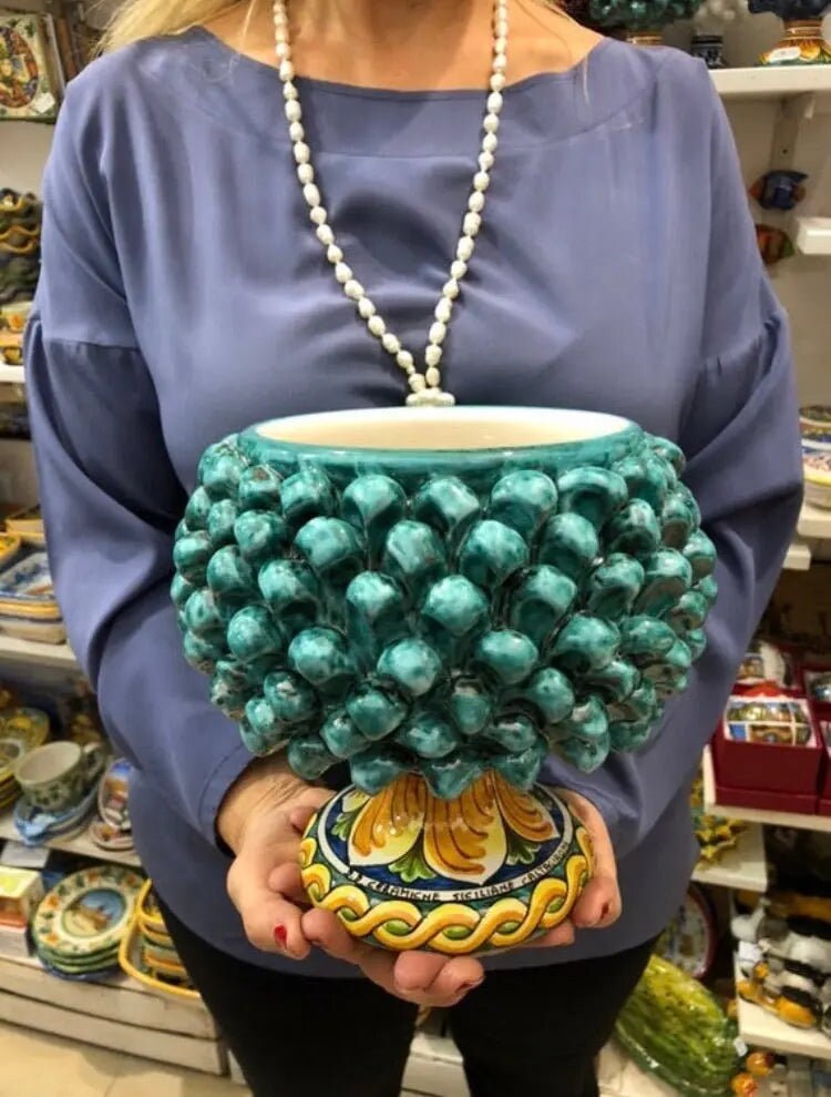 Portavaso Mezza Pigna Ceramica Caltagirone cm H.20 L.20 Artigianale Verde Acqua Base Decorata DD CERAMICHE SICILIANE