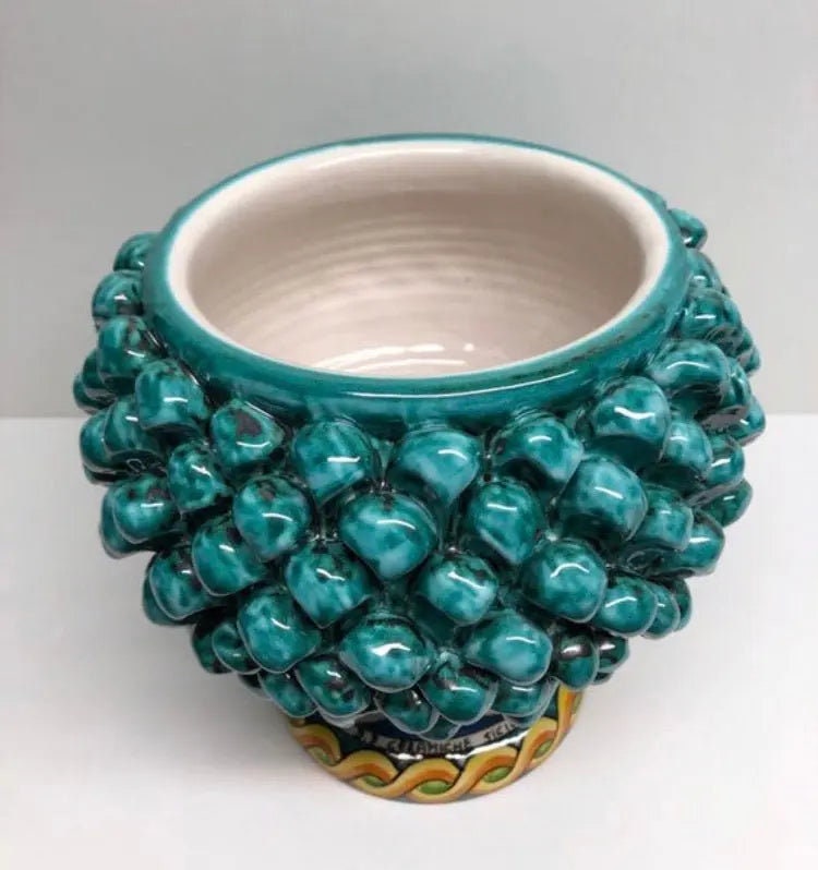 Portavaso Mezza Pigna Ceramica Caltagirone cm H.20 L.20 Artigianale Verde Acqua Base Decorata DD CERAMICHE SICILIANE