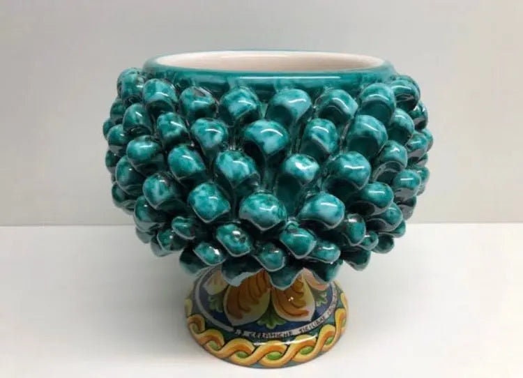 Portavaso Mezza Pigna Ceramica Caltagirone cm H.20 L.20 Artigianale Verde Acqua Base Decorata DD CERAMICHE SICILIANE