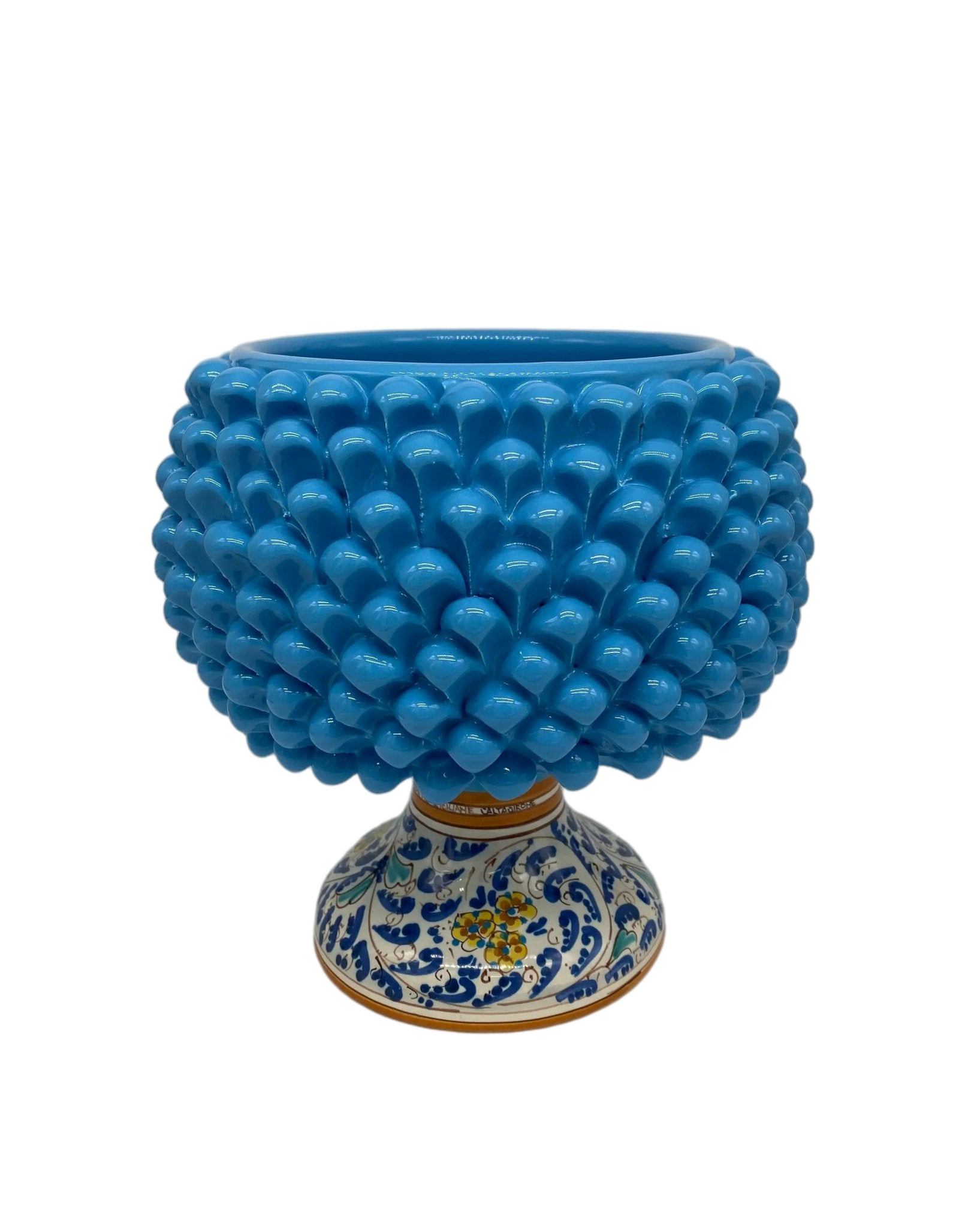 Portavaso Mezza Pigna Ceramica Caltagirone cm H.20 L.20 Artigianale Celeste Base Decorata DD CERAMICHE SICILIANE