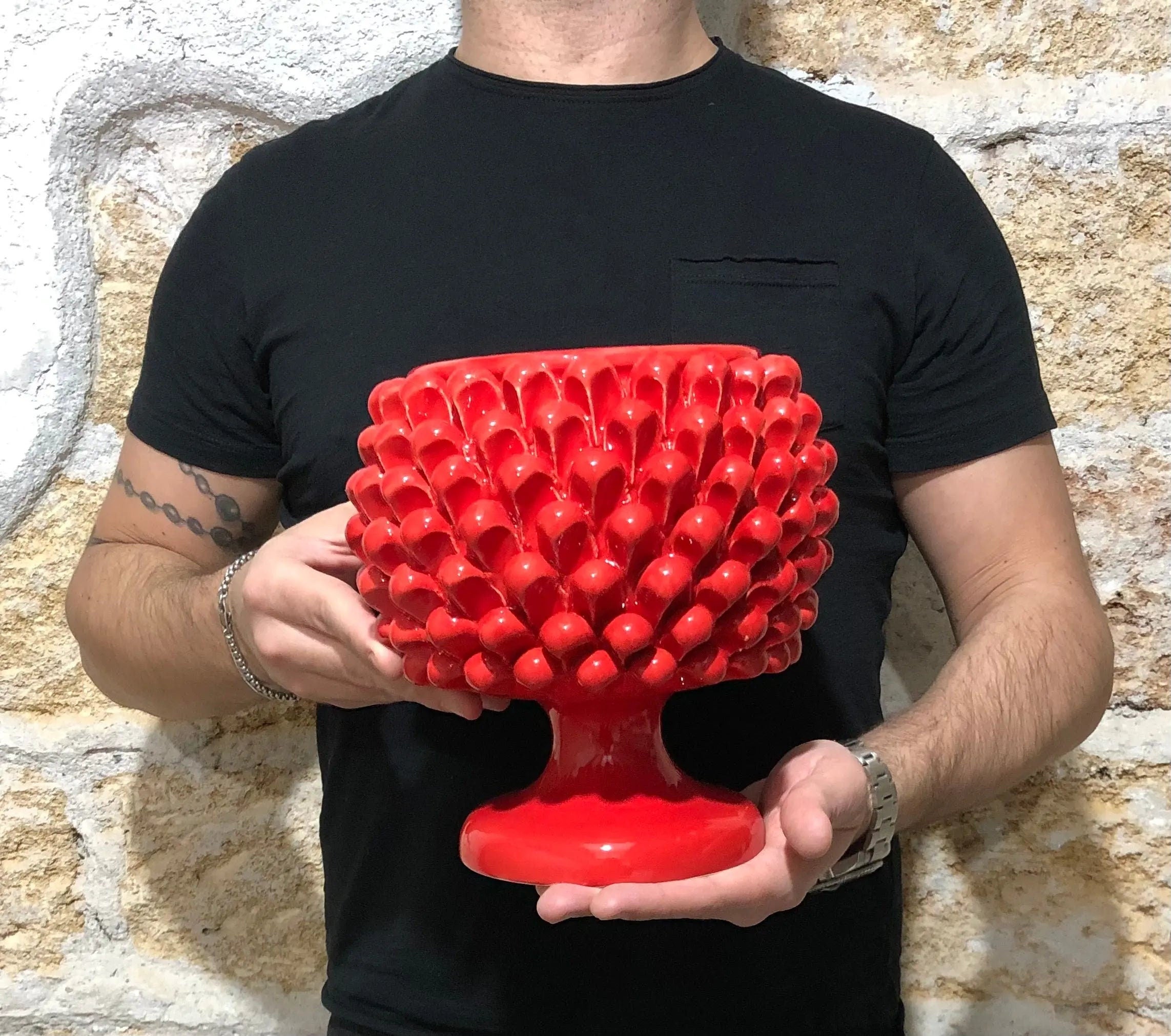 Portavaso Mezza Pigna Ceramica Caltagirone cm H.20 L.20 Artigianale Rosso DD CERAMICHE SICILIANE