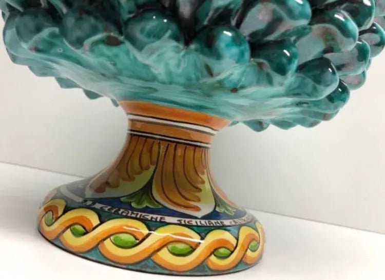 Portavaso Mezza Pigna Ceramica Caltagirone cm H.20 L.20 Artigianale Verde Acqua Base Decorata DD CERAMICHE SICILIANE