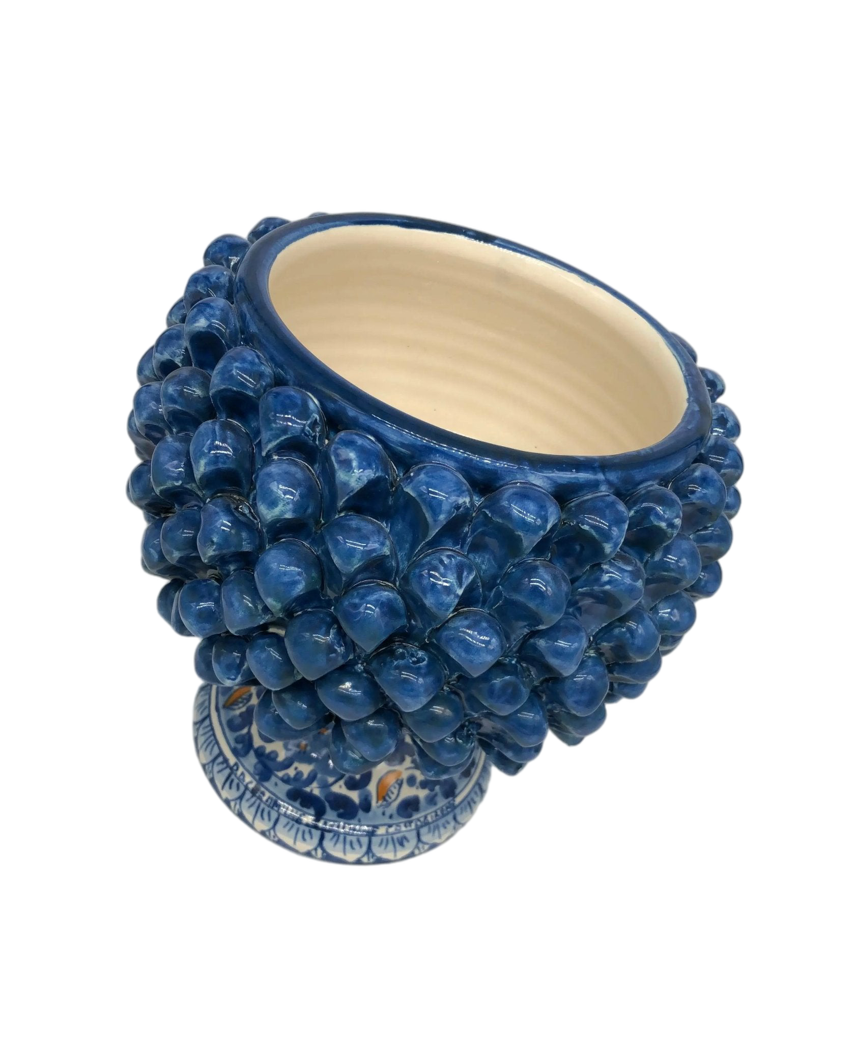 Portavaso Mezza Pigna Ceramica Caltagirone cm H.20 L.20 Artigianale Blu Antico Base Decorata DD CERAMICHE SICILIANE