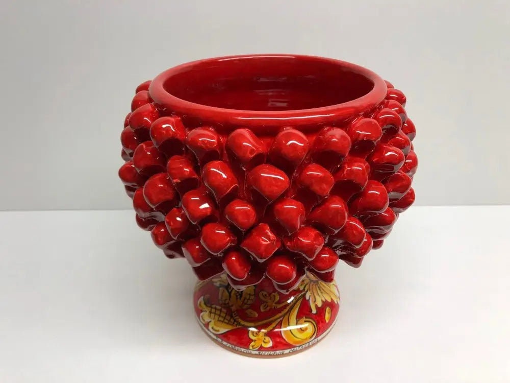 Portavaso Mezza Pigna Ceramica Caltagirone cm H.20 L.20 Artigianale Rosso Base Decorata Giglio DD CERAMICHE SICILIANE