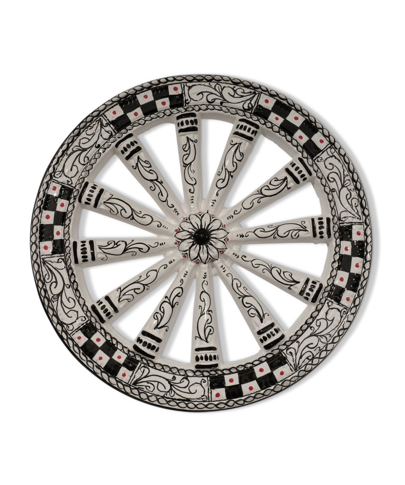 Ruota Carretto Siciliano Ceramica Caltagirone Diametro 35 cm Artigianale TDS Decoro Bianco Nero - OGGETTISTICA