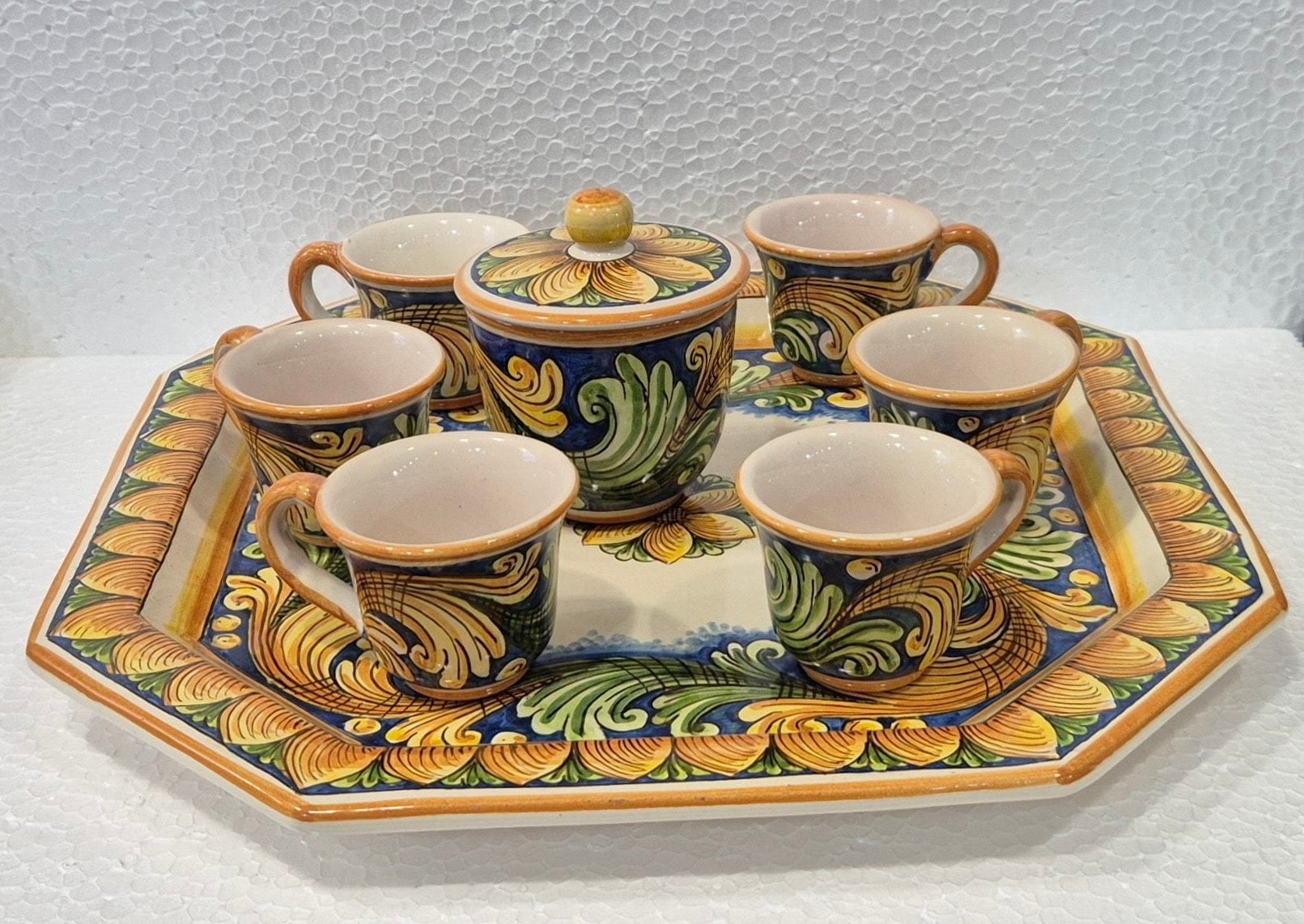 Set 6 tazzine da caffè con Vassoio e Zuccheriera Ceramica Caltagirone decorata a mano V.2 - MADE IN SICILY