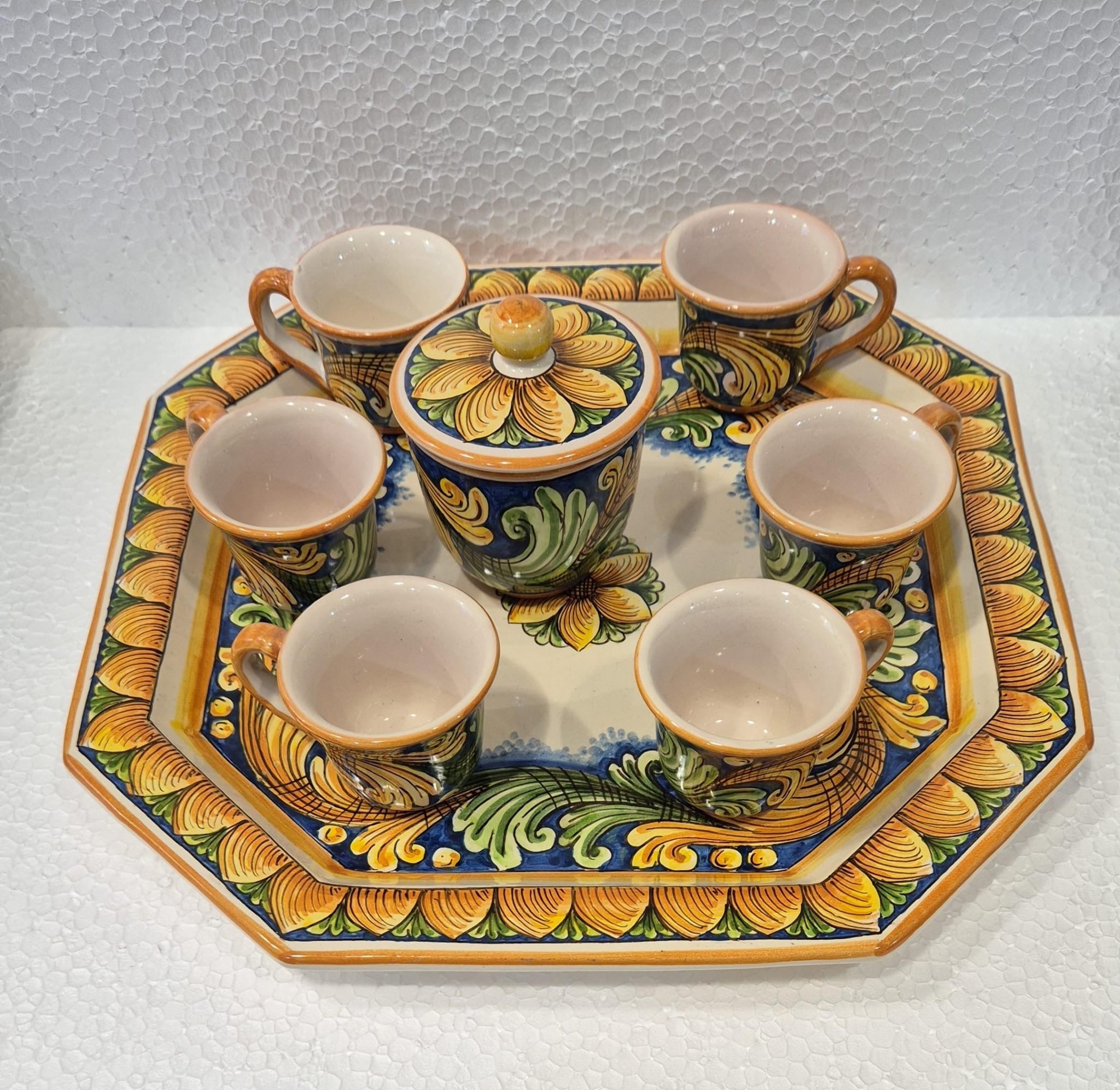 Set 6 tazzine da caffè con Vassoio e Zuccheriera Ceramica Caltagirone decorata a mano V.2 - MADE IN SICILY