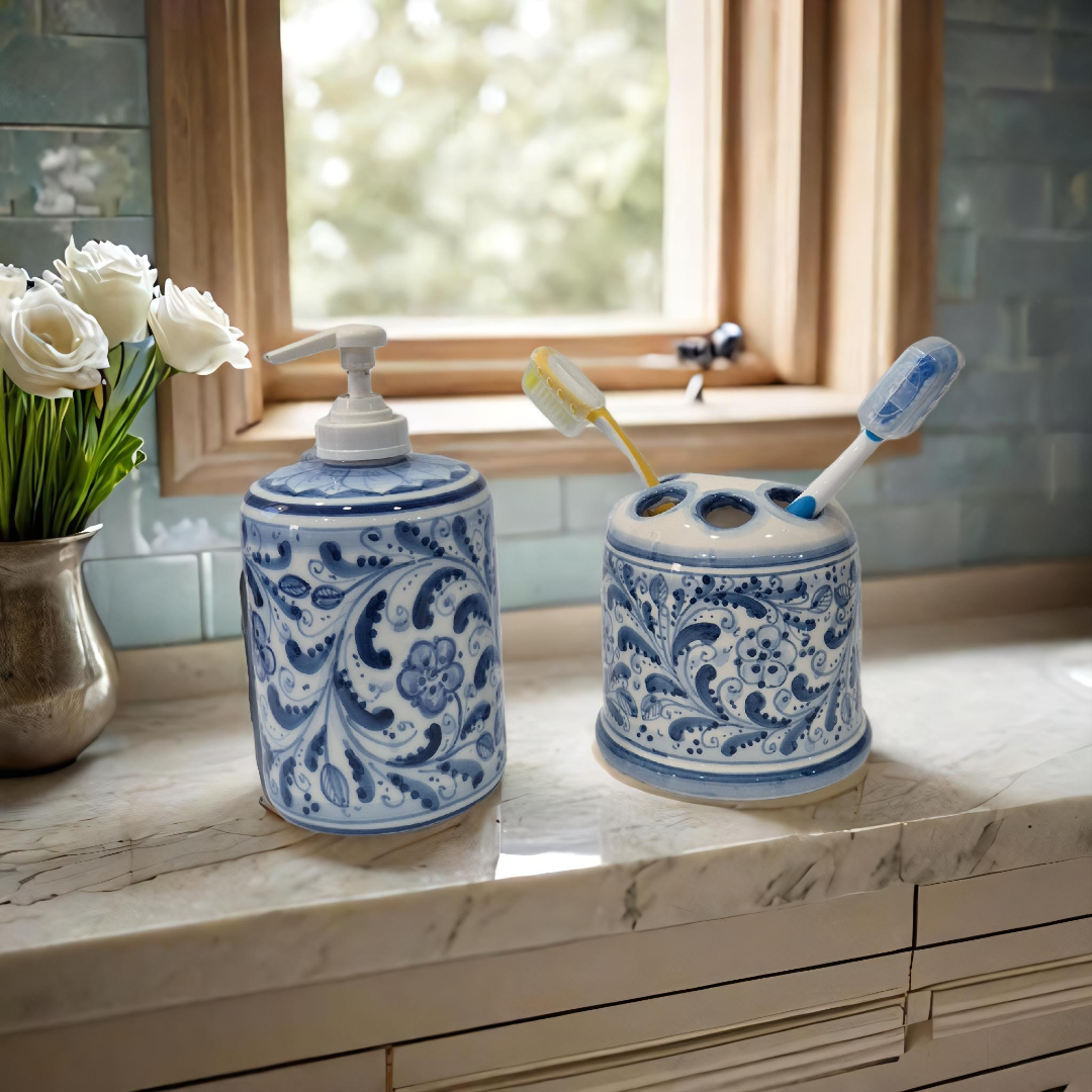 Set Bagno Porta Spazzolini e Dispenser Sapone Ceramica Caltagirone Artigianale - MADE IN SICILY