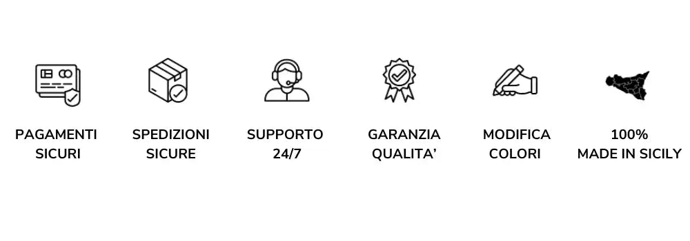 Set di sei semplici icone aziendali in bianco e nero che mostrano pagamento, spedizione, supporto, garanzia di qualità, opzioni di colore e servizi 'Fatto in Sicilia'.