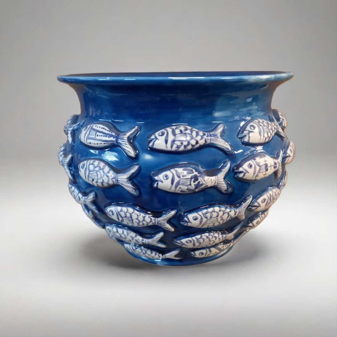 Portavaso Blu con Pesci in rilievo bianchi cm D.30 L.25 Ceramica Caltagirone Decorato a Mano - MADE IN SICILY