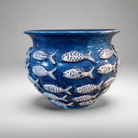 Portavaso Blu con Pesci in rilievo bianchi cm D.30 L.25 Ceramica Caltagirone Decorato a Mano - MADE IN SICILY