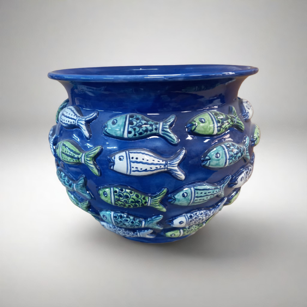 Portavaso Blu con Pesci in rilievo colorati cm D.30 L.25 Ceramica Caltagirone Decorato a Mano - MADE IN SICILY