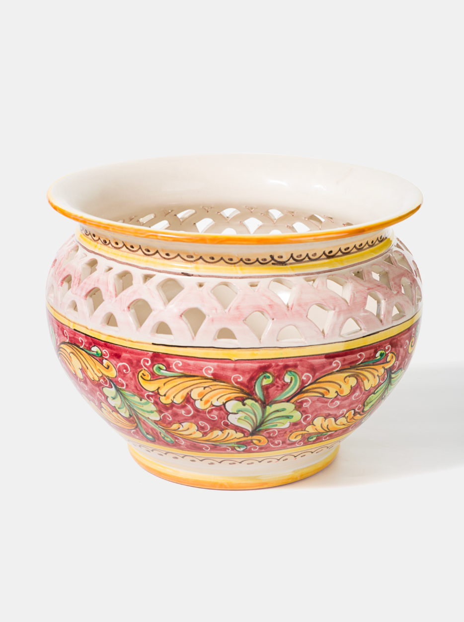 Sottovaso Traforato cm D.30 H.26 Ceramica Caltagirone Rosso Foglie Gialle - OGGETTISTICA