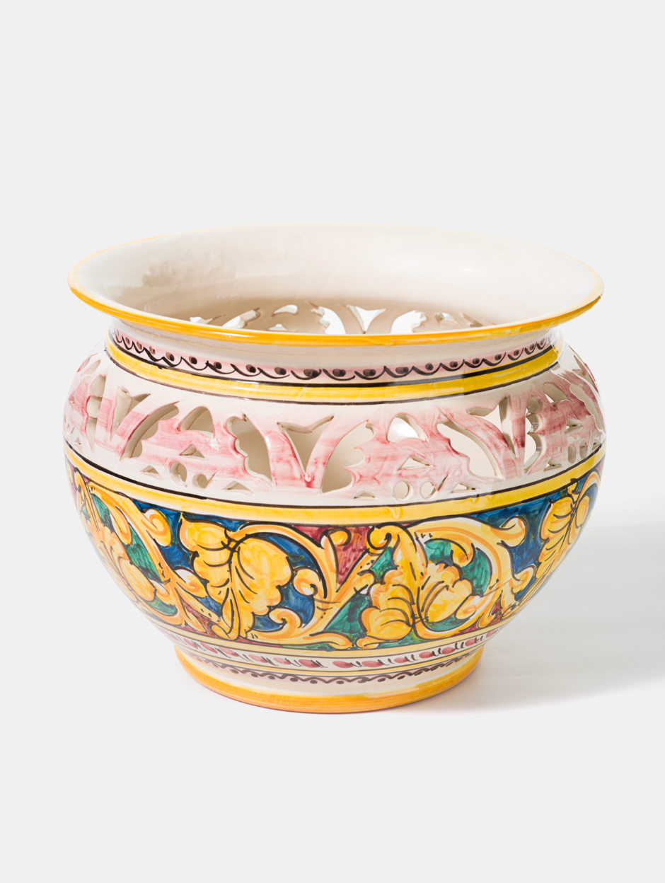 Sottovaso Traforato cm D.30 H.26 Ceramica Caltagirone Verde Blu Foglie Gialle - OGGETTISTICA