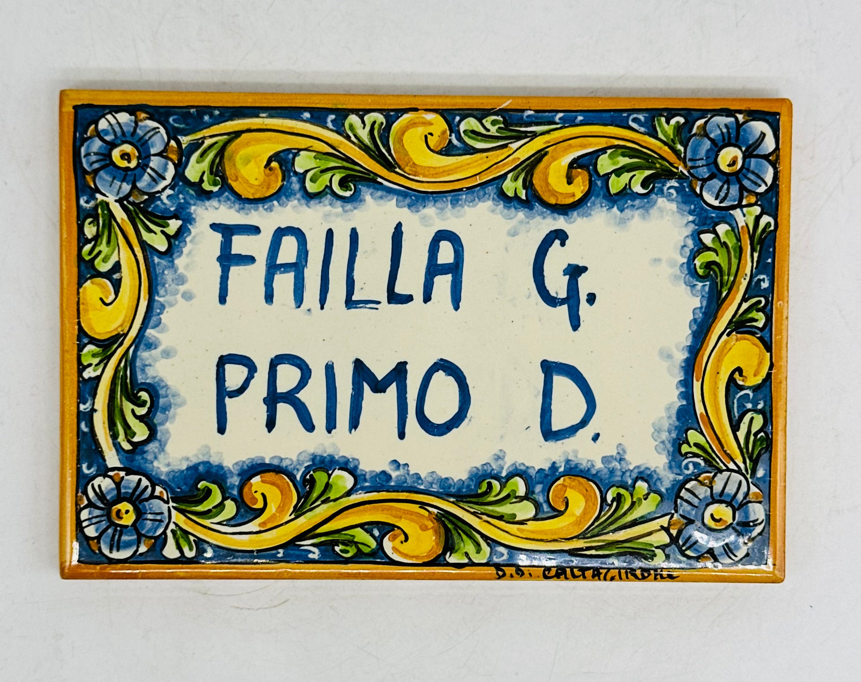 Targa Famiglia Mattonella cm 15x10 Ceramica Artigianale Caltagirone - Ornato Pieno - MADE IN SICILY