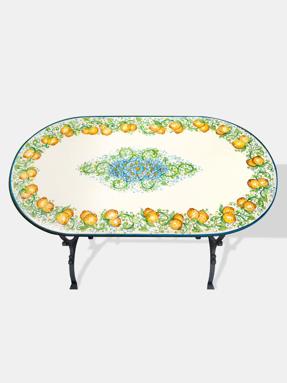Tavolo Ovale cm 160x90 Pietra Lavica Decoro Limoni e Margherite - TAVOLI