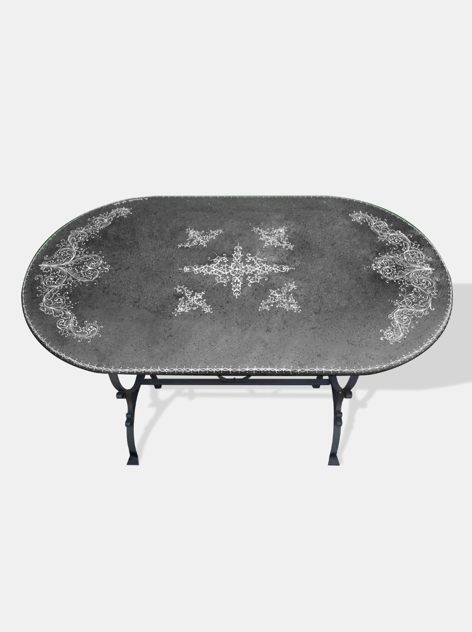 Tavolo Ovale cm 180x100 Pietra Lavica Decoro Astratto Bianco - TAVOLI