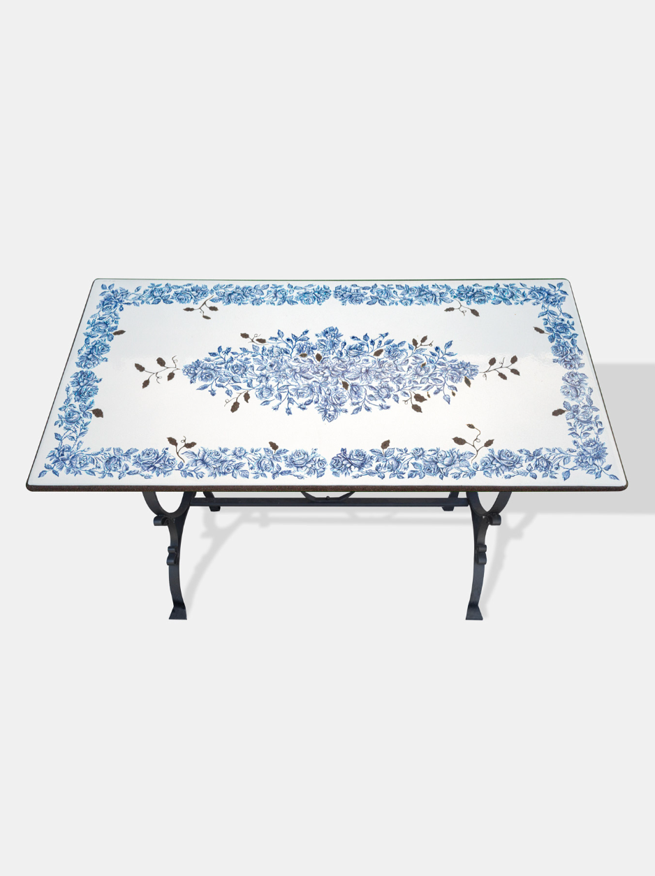 Tavolo Ovale cm 180x90 Pietra Lavica Decoro Floreale Blu - TAVOLI