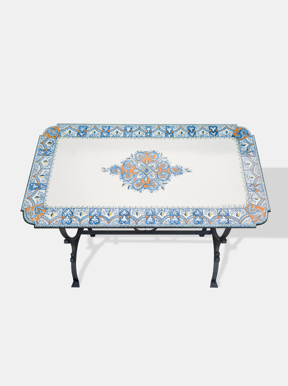 Tavolo Rettangolare Sagomato cm 180x95 Pietra Lavica Decoro Blu e Arancio - TAVOLI