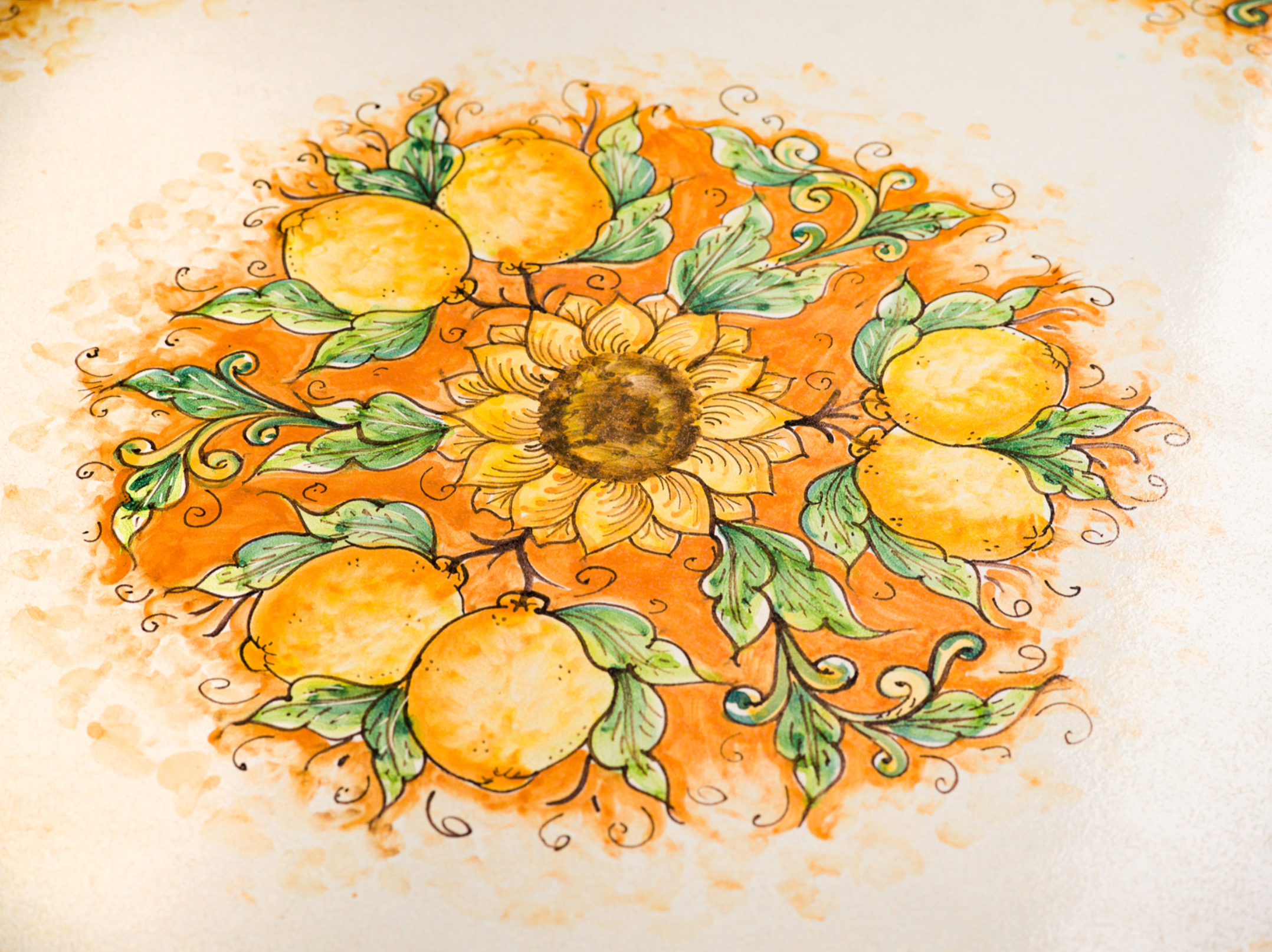 Tavolo Rotondo Diametro cm 100 Pietra Lavica Decoro Tondo Limoni e Girasoli - TAVOLI