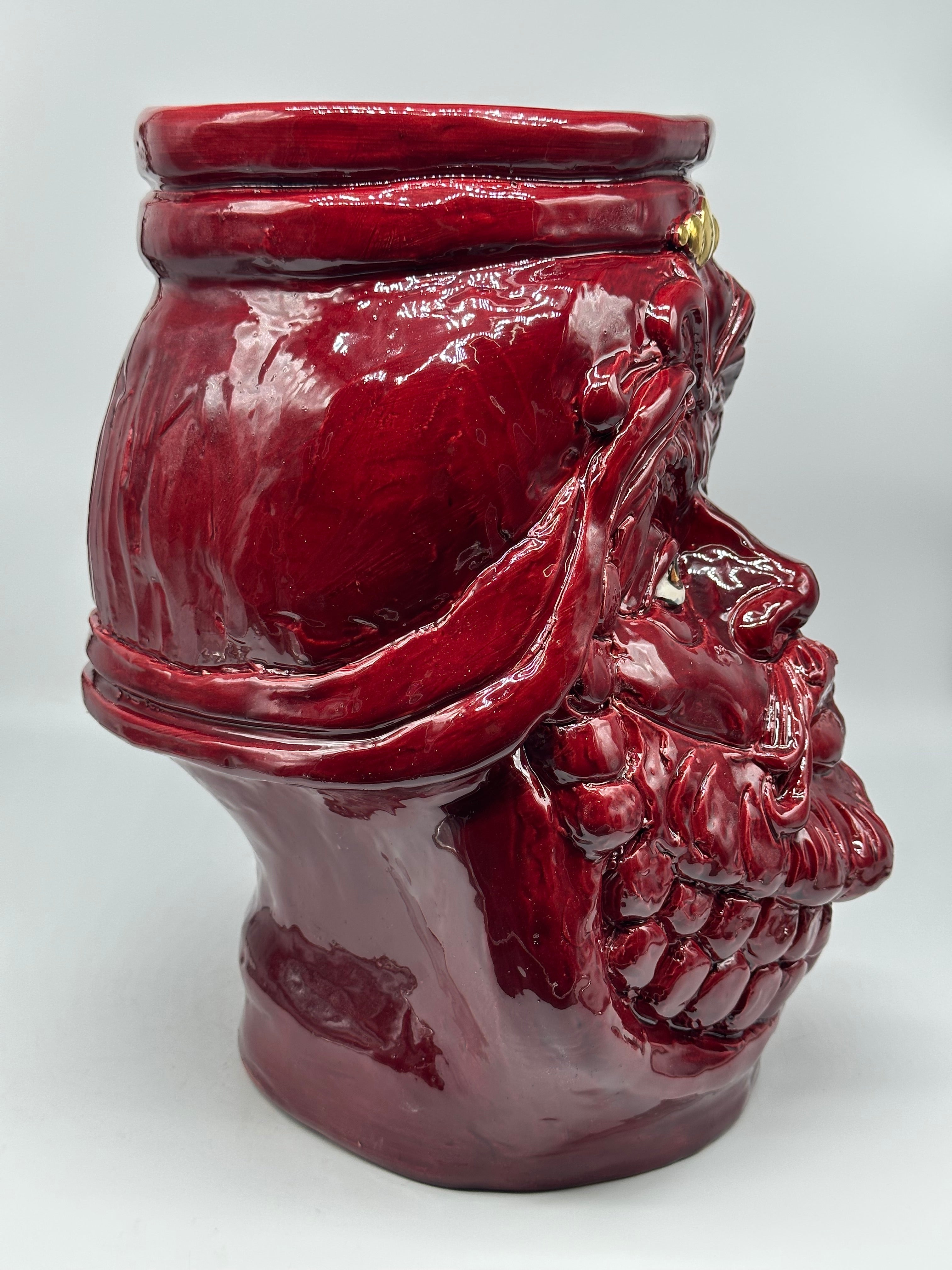 Testa Mitologica Uomo Ceramica Caltagirone cm H.35 L.25 Artigianale Bordeaux dettagli Oro - TESTA DI MORO