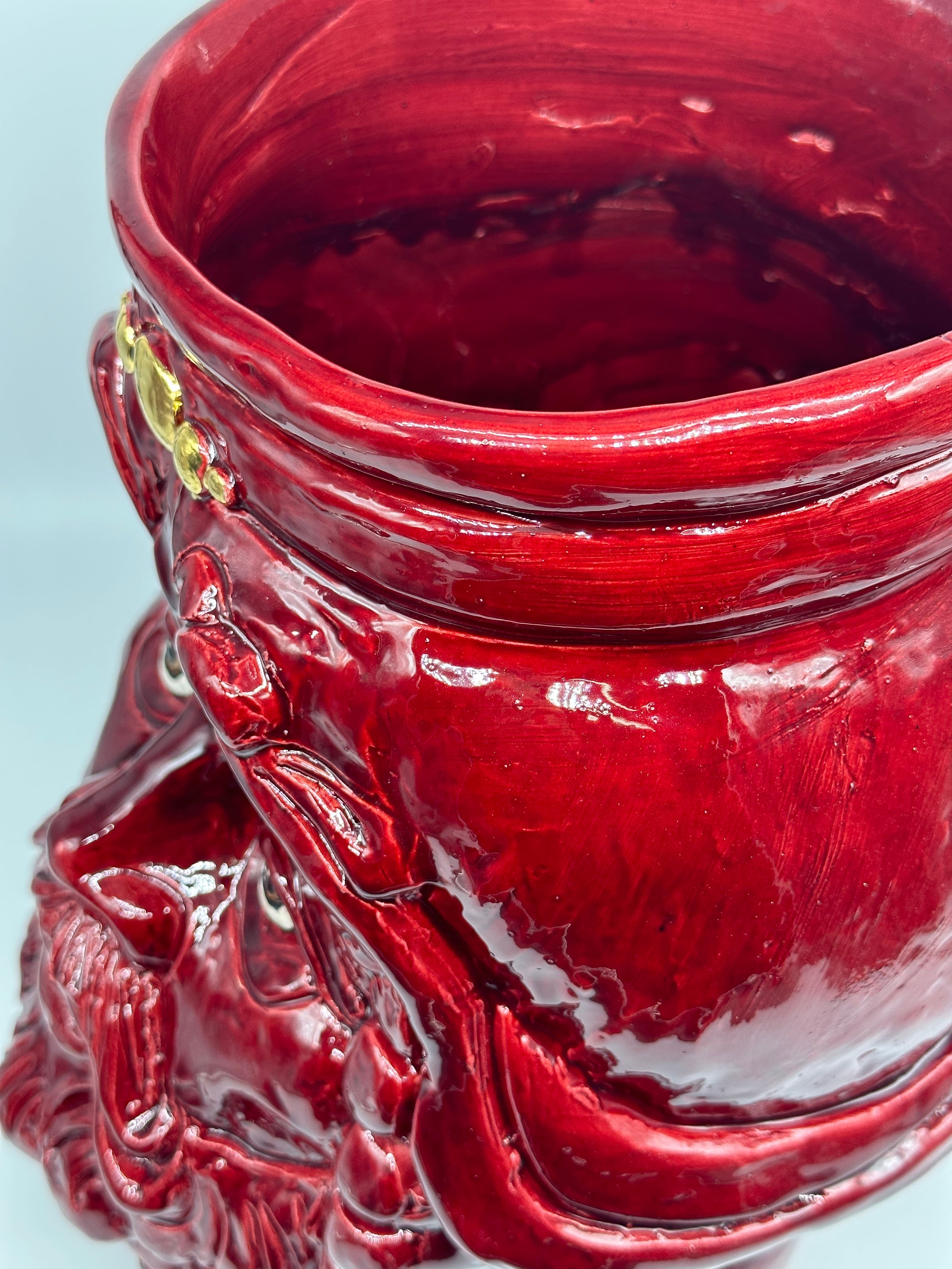 Testa Mitologica Uomo Ceramica Caltagirone cm H.35 L.25 Artigianale Bordeaux dettagli Oro - TESTA DI MORO