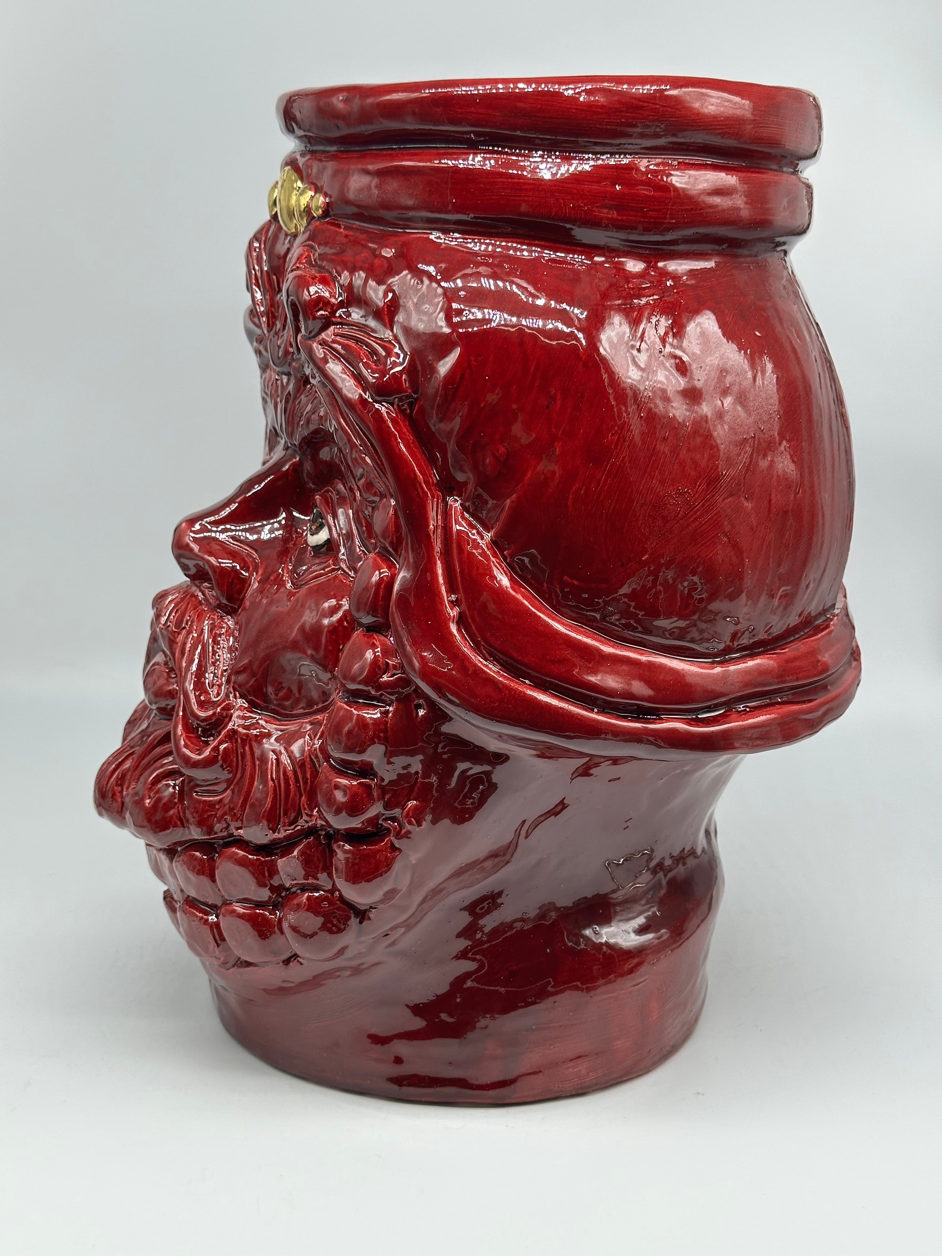 Testa Mitologica Uomo Ceramica Caltagirone cm H.35 L.25 Artigianale Bordeaux dettagli Oro - TESTA DI MORO