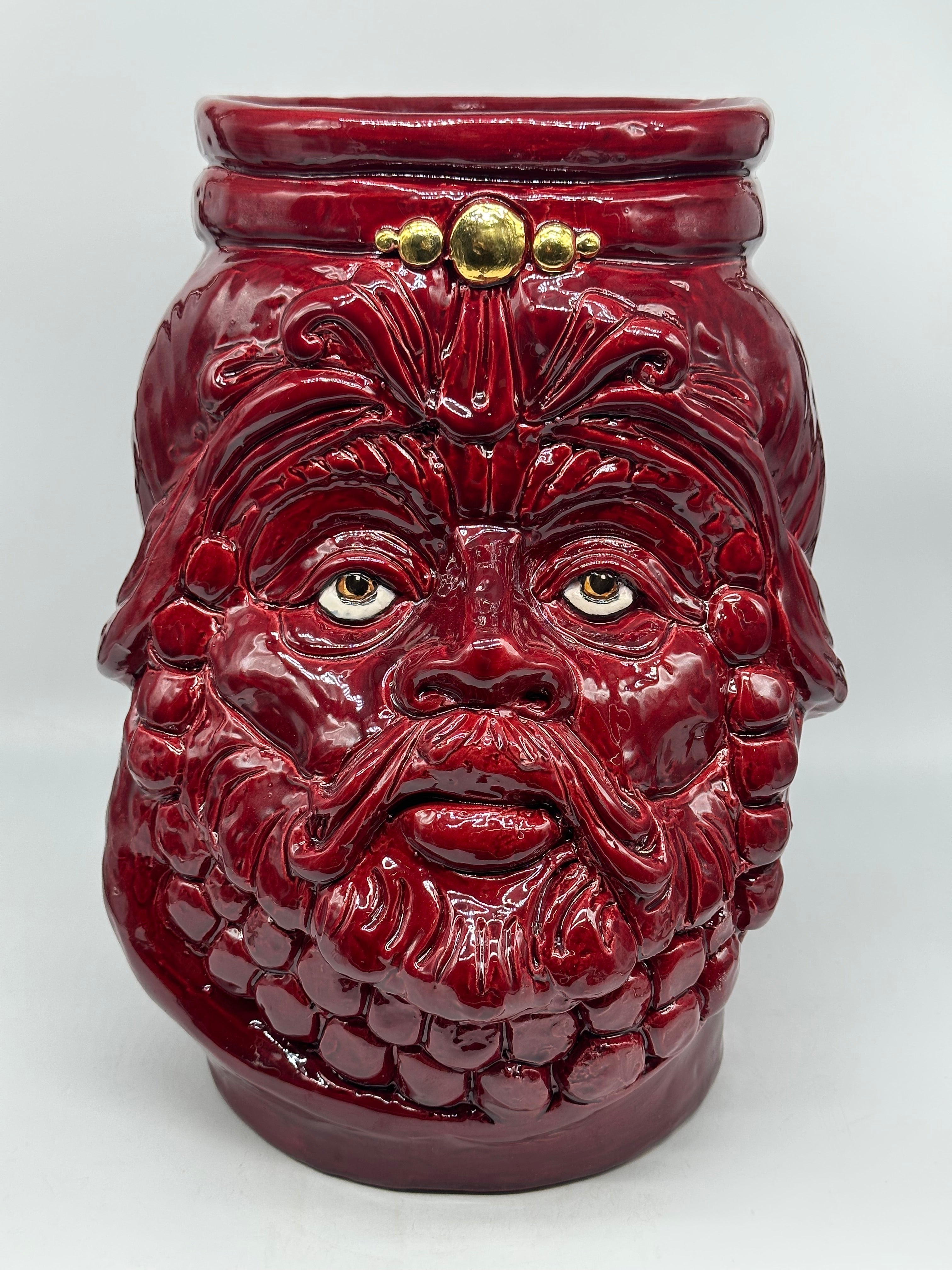 Testa Mitologica Uomo Ceramica Caltagirone cm H.35 L.25 Artigianale Bordeaux dettagli Oro - TESTA DI MORO