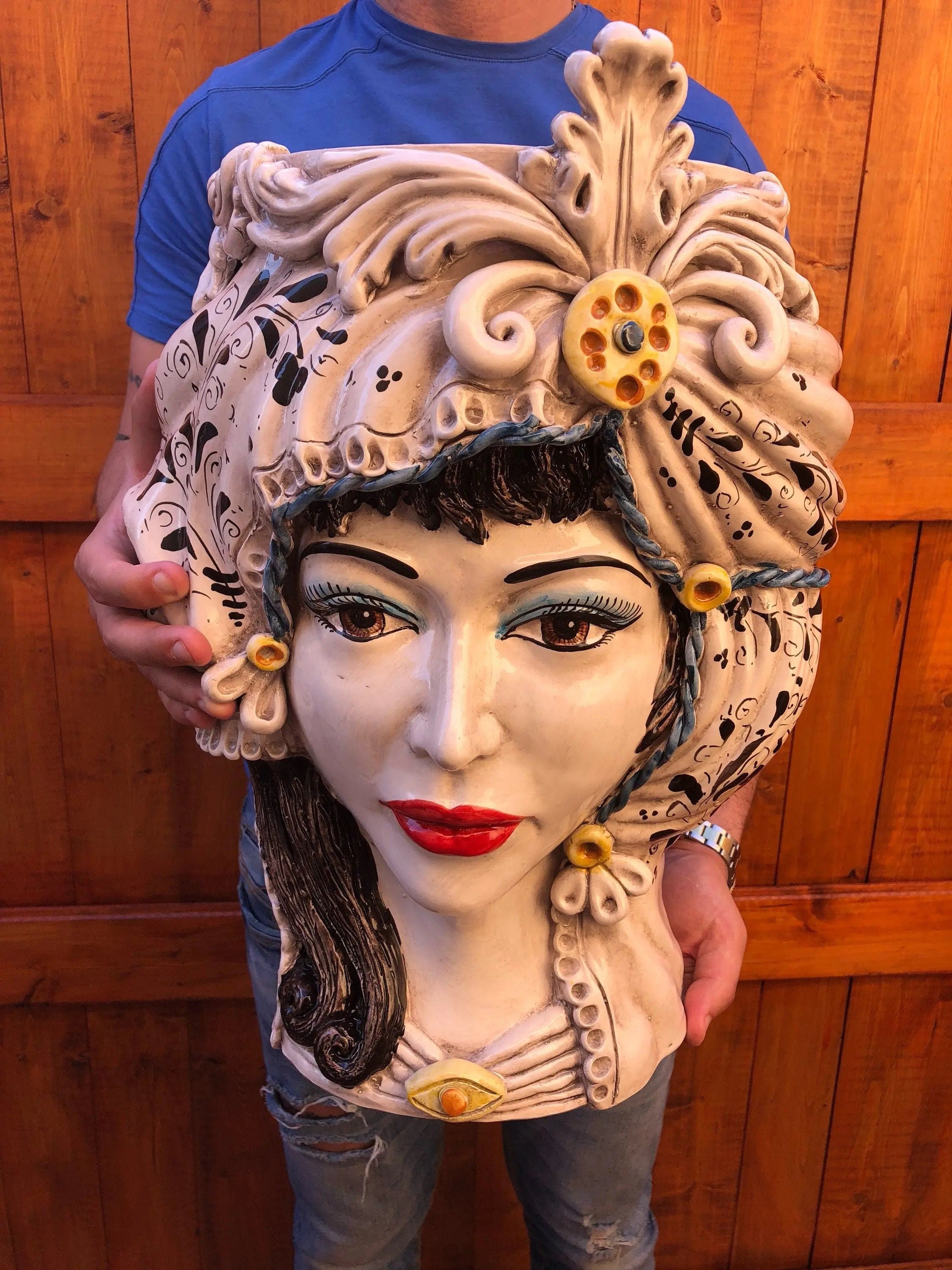 Teste di Moro Classica Gigante Ceramica Caltagirone cm H.47 L.36 Artigianale Decorazione Barocco DD CERAMICHE SICILIANE