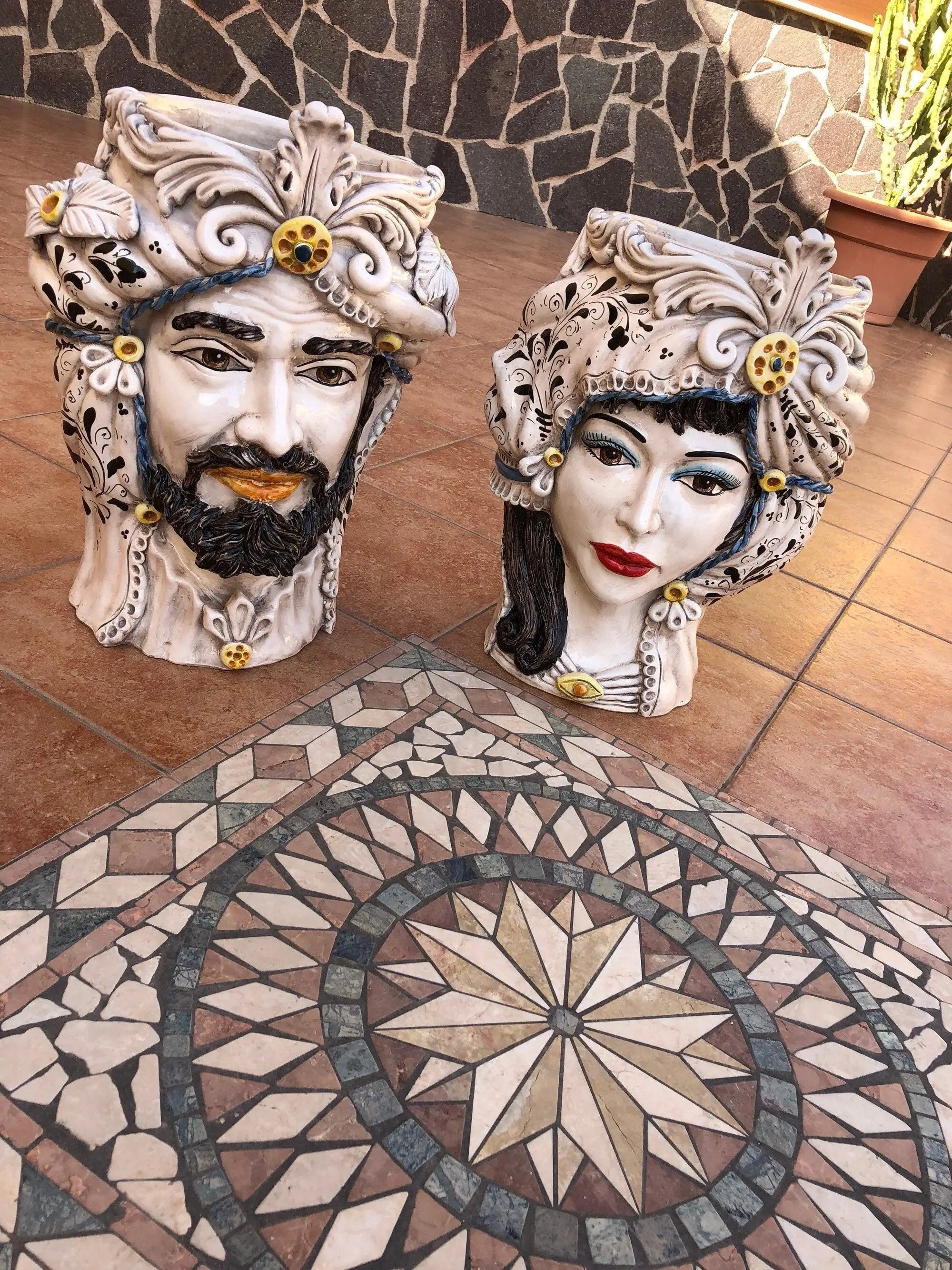 Teste di Moro Classica Gigante Ceramica Caltagirone cm H.47 L.36 Artigianale Decorazione Barocco DD CERAMICHE SICILIANE