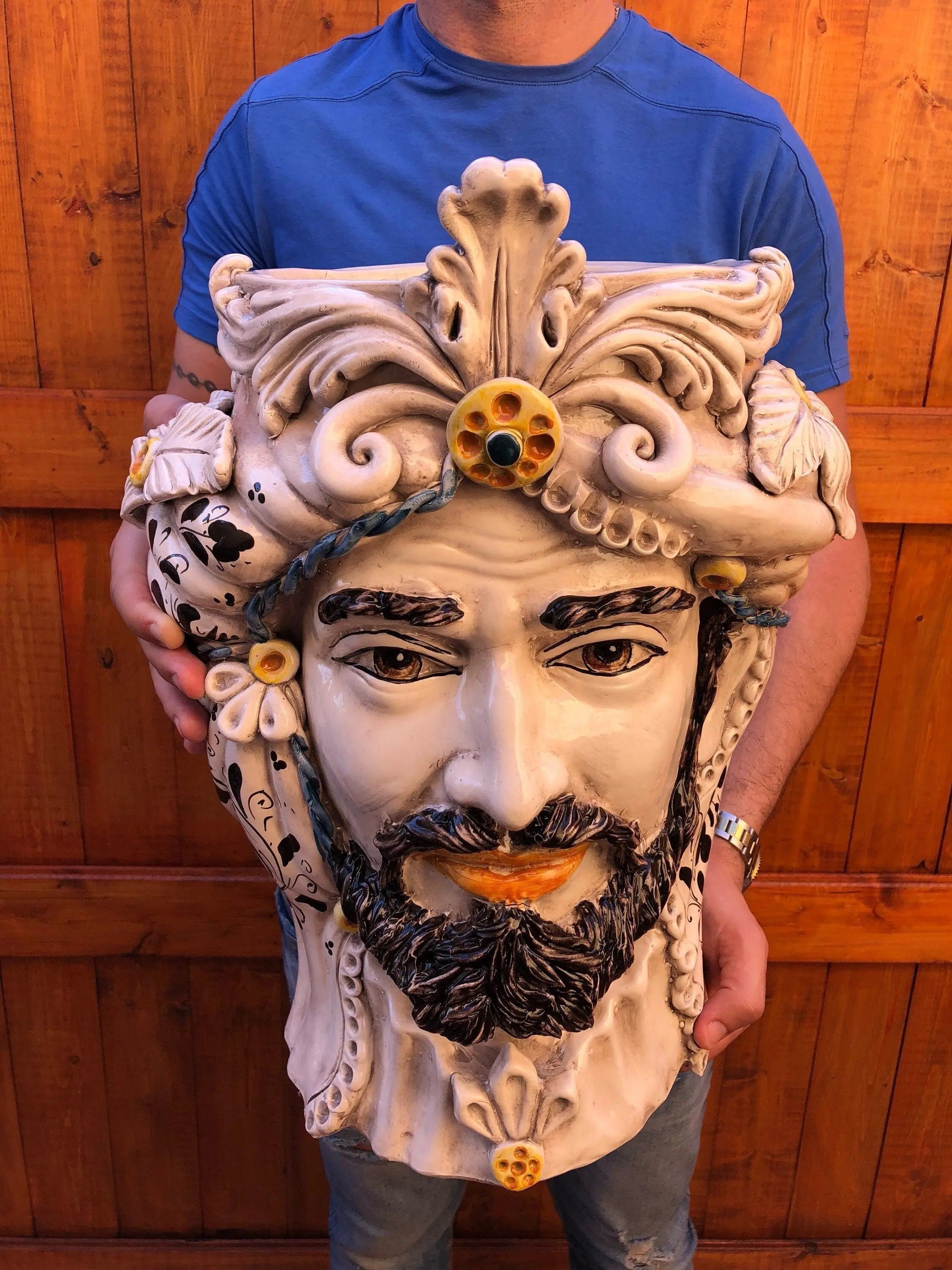 Teste di Moro Classica Gigante Ceramica Caltagirone cm H.47 L.36 Artigianale Decorazione Barocco DD CERAMICHE SICILIANE