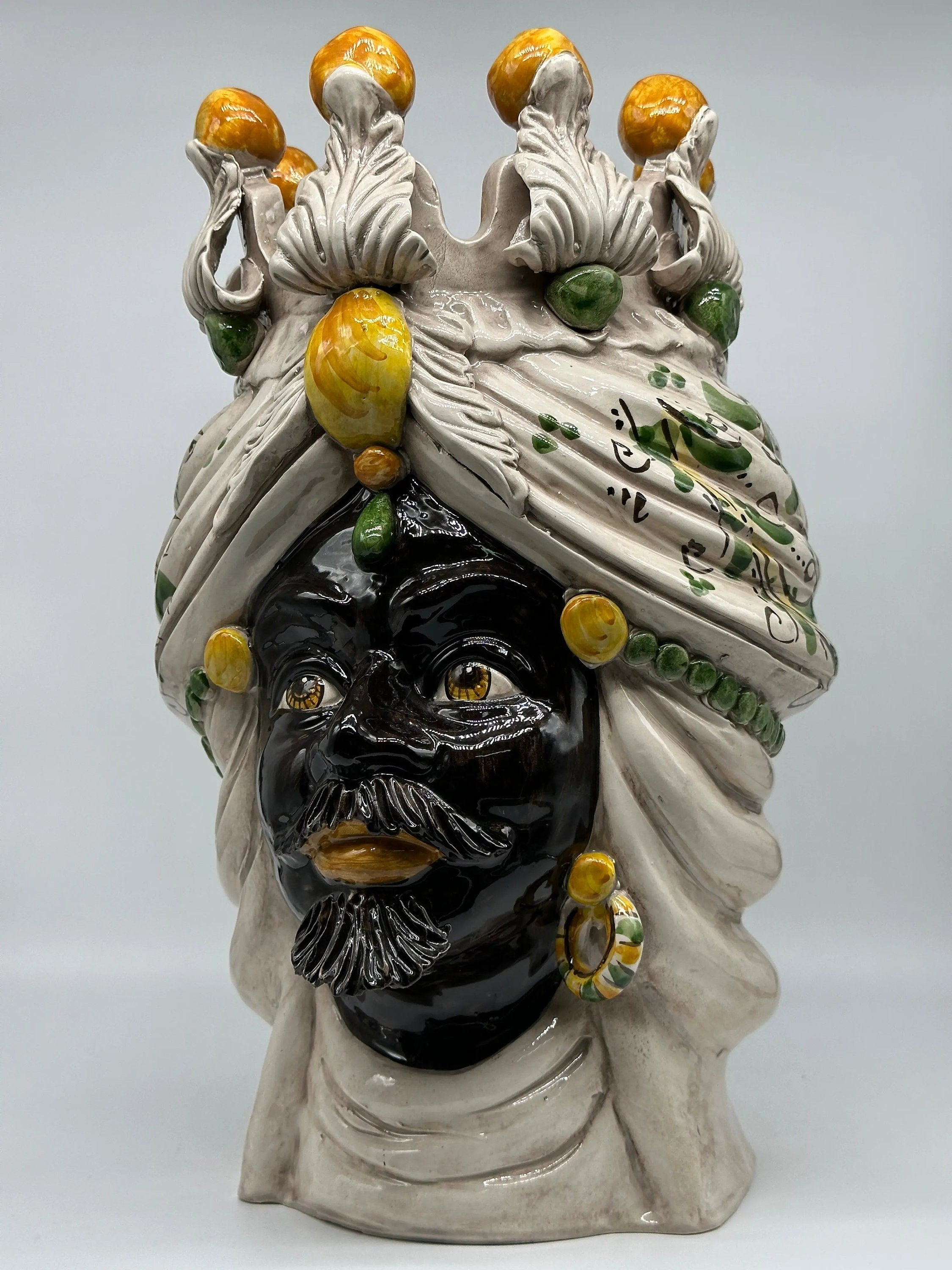 Teste di Moro Seicento Ceramica Caltagirone cm H.40 L.24 Artigianale Giallo Verde DD CERAMICHE SICILIANE