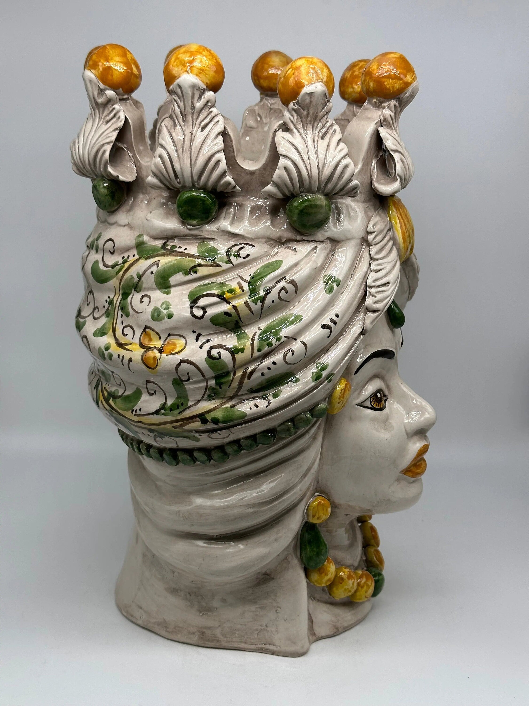Teste di Moro Seicento Ceramica Caltagirone cm H.40 L.24 Artigianale Giallo Verde DD CERAMICHE SICILIANE