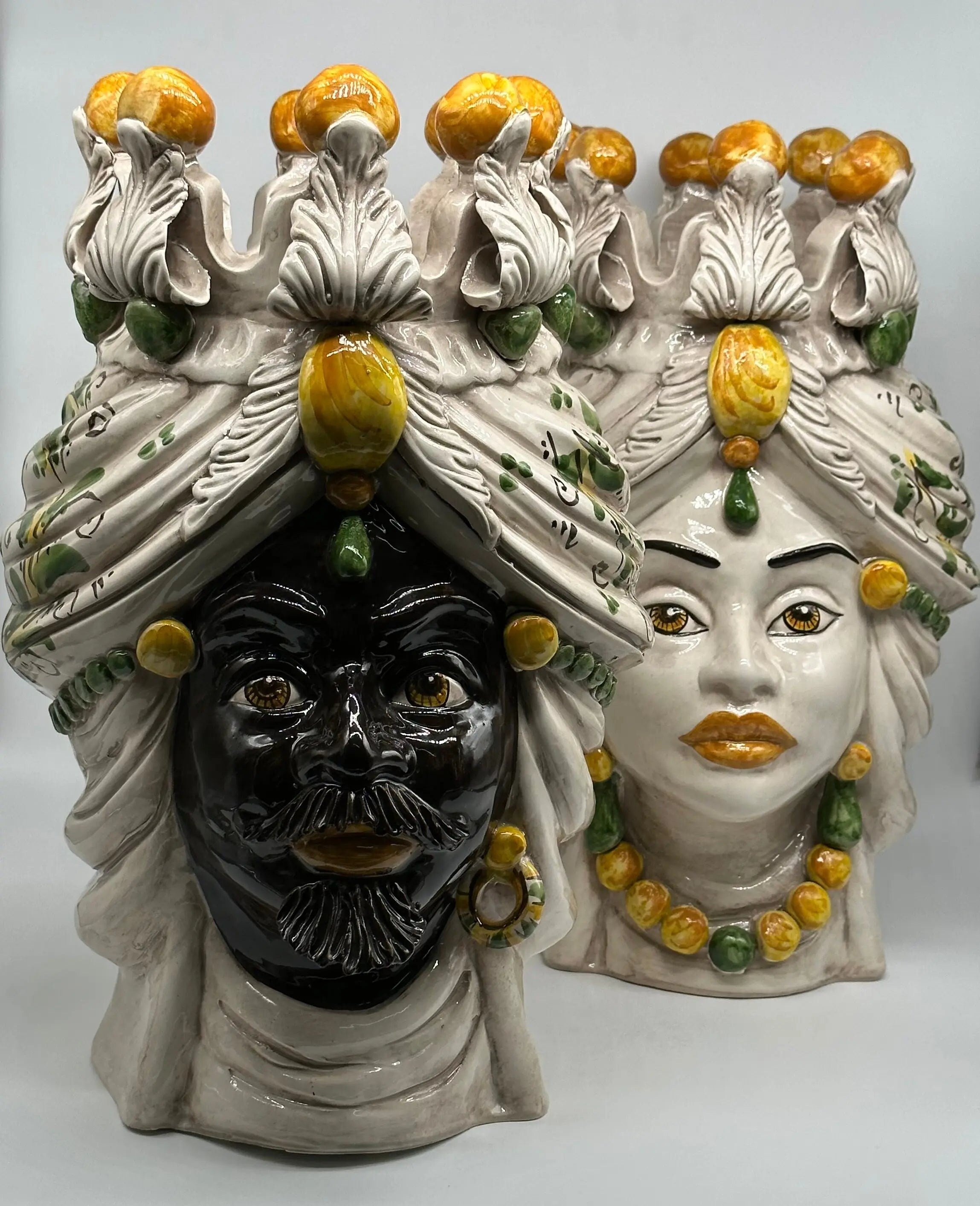 Teste di Moro Seicento Ceramica Caltagirone cm H.40 L.24 Artigianale Giallo Verde DD CERAMICHE SICILIANE