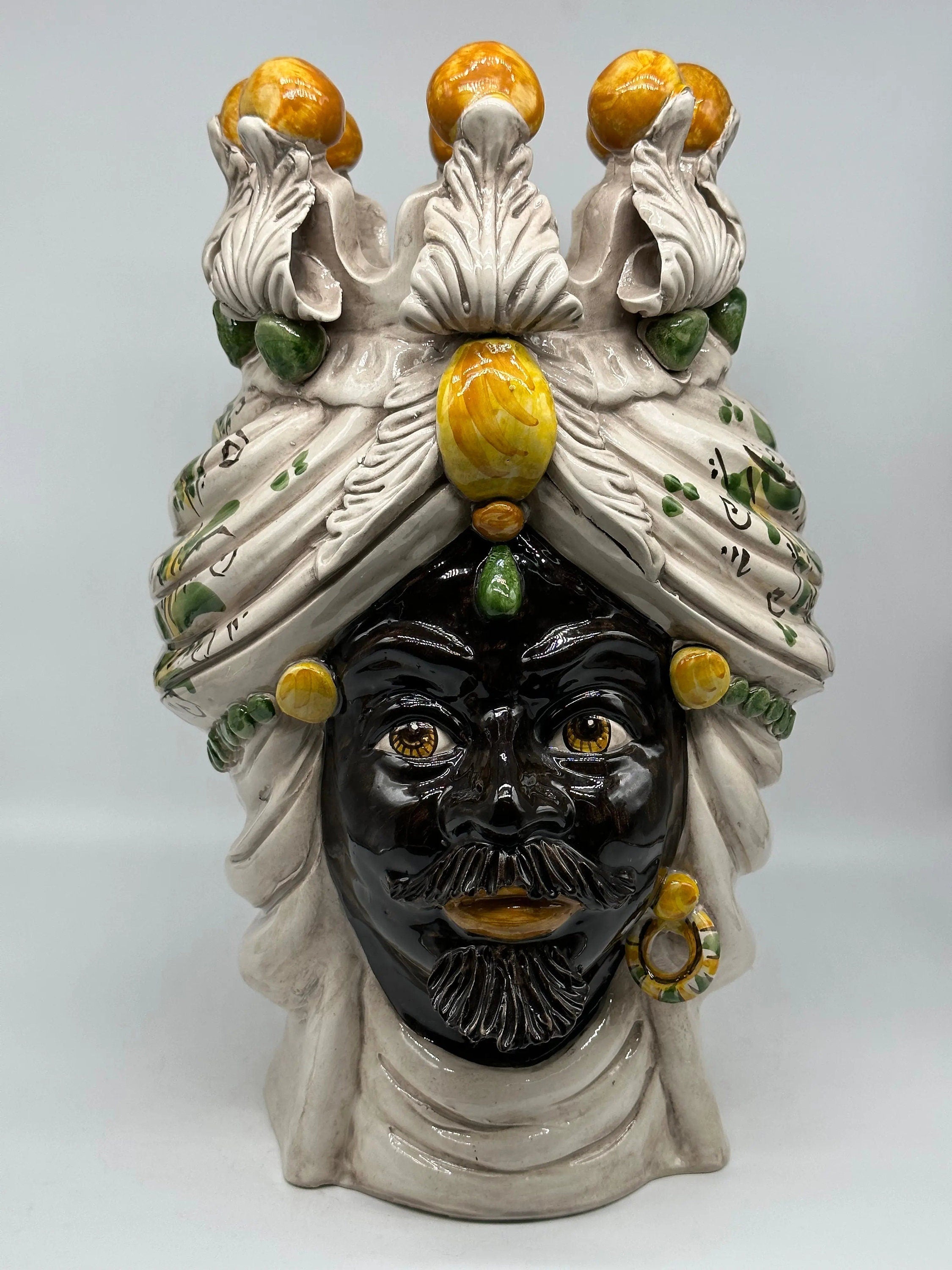 Teste di Moro Seicento Ceramica Caltagirone cm H.40 L.24 Artigianale Giallo Verde DD CERAMICHE SICILIANE
