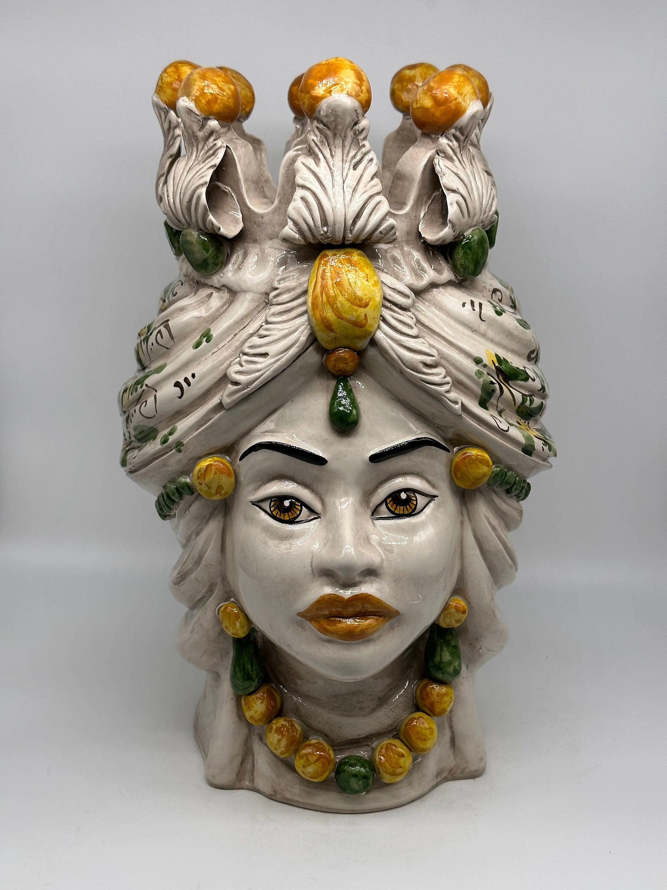 Teste di Moro Seicento Ceramica Caltagirone cm H.40 L.24 Artigianale Giallo Verde DD CERAMICHE SICILIANE