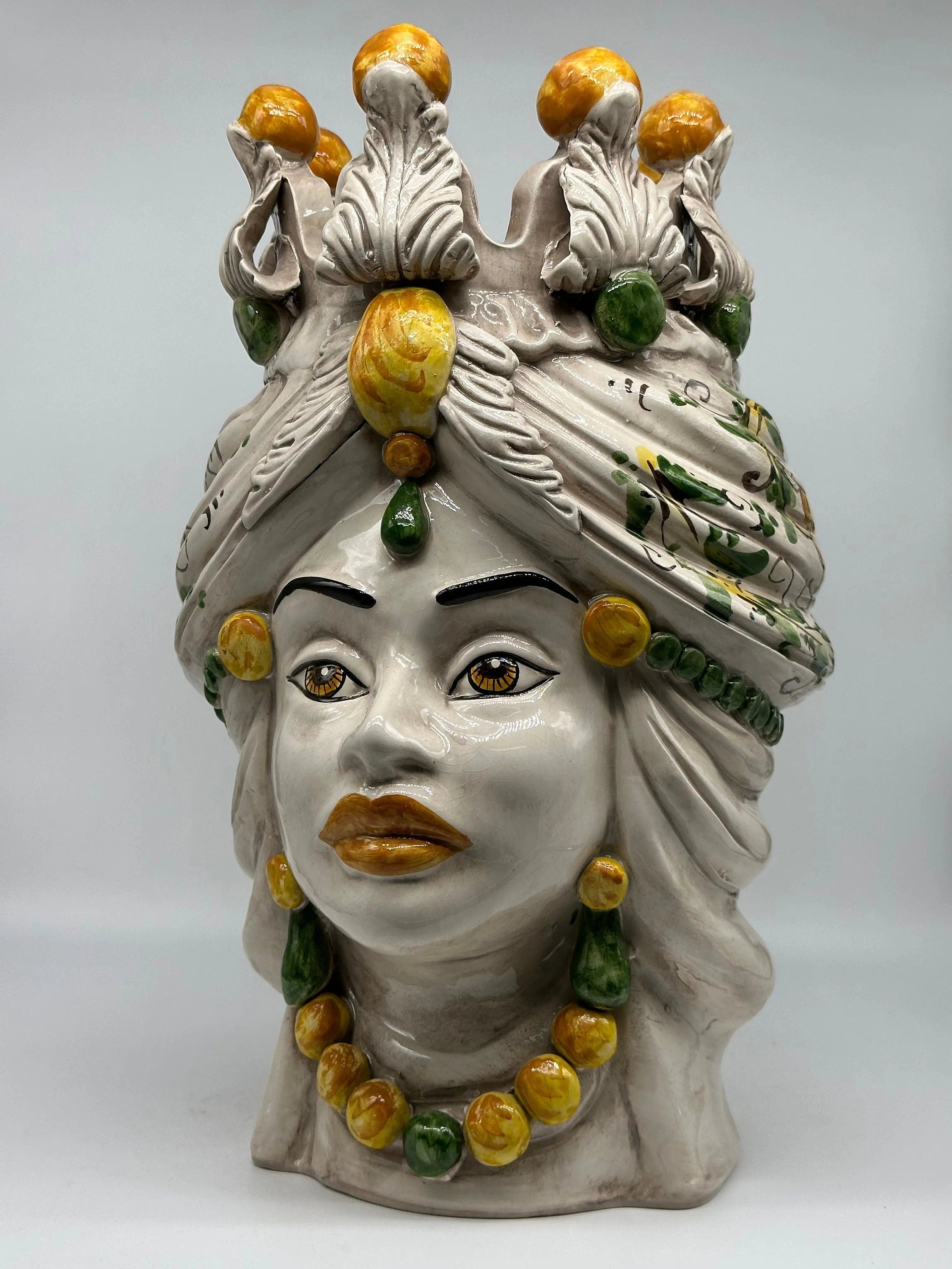 Teste di Moro Seicento Ceramica Caltagirone cm H.40 L.24 Artigianale Giallo Verde DD CERAMICHE SICILIANE