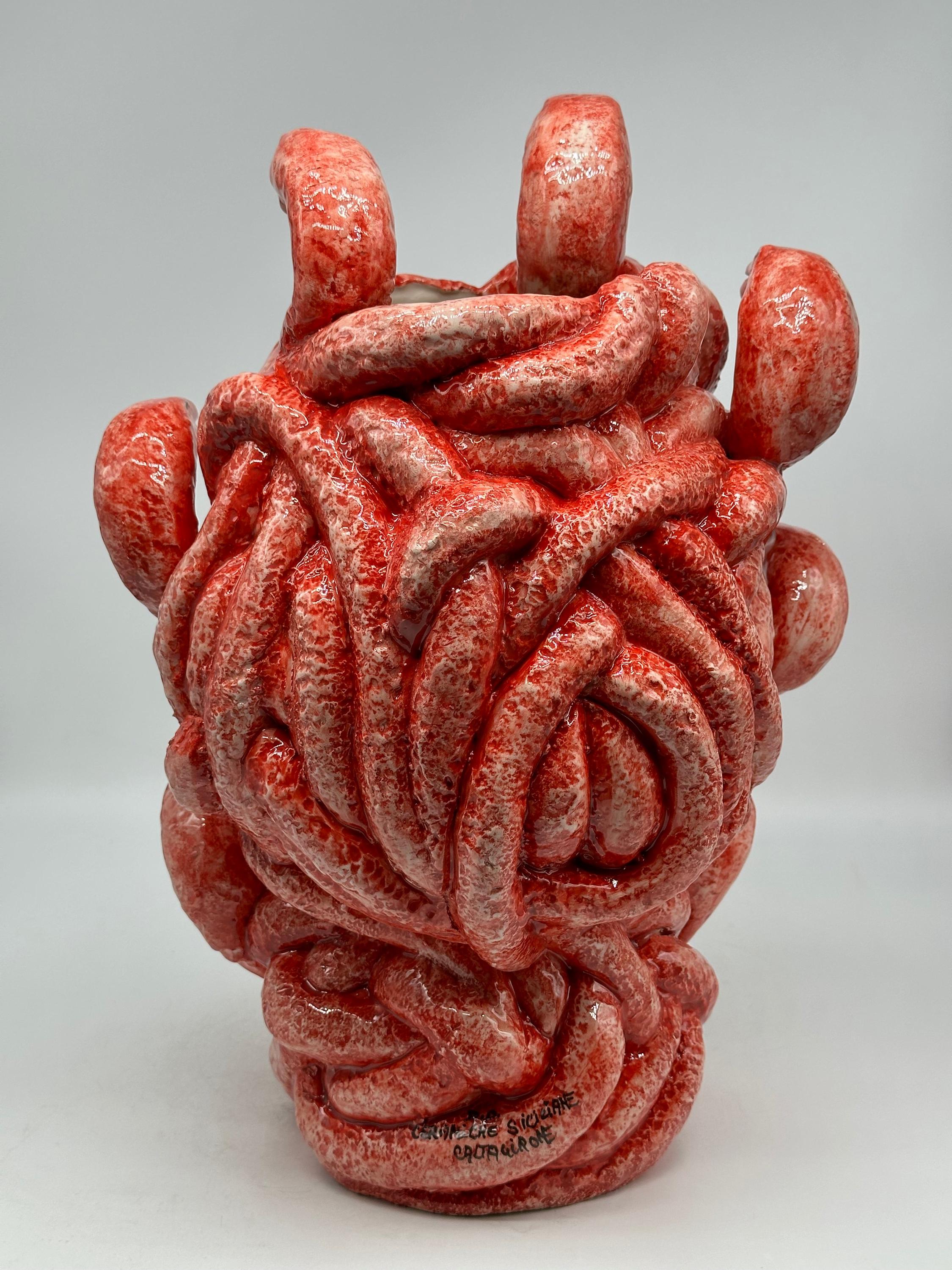 Testa Mitologica Medusa Ceramica Caltagirone cm H.38 L.25 Artigianale Rosso dettagli Oro