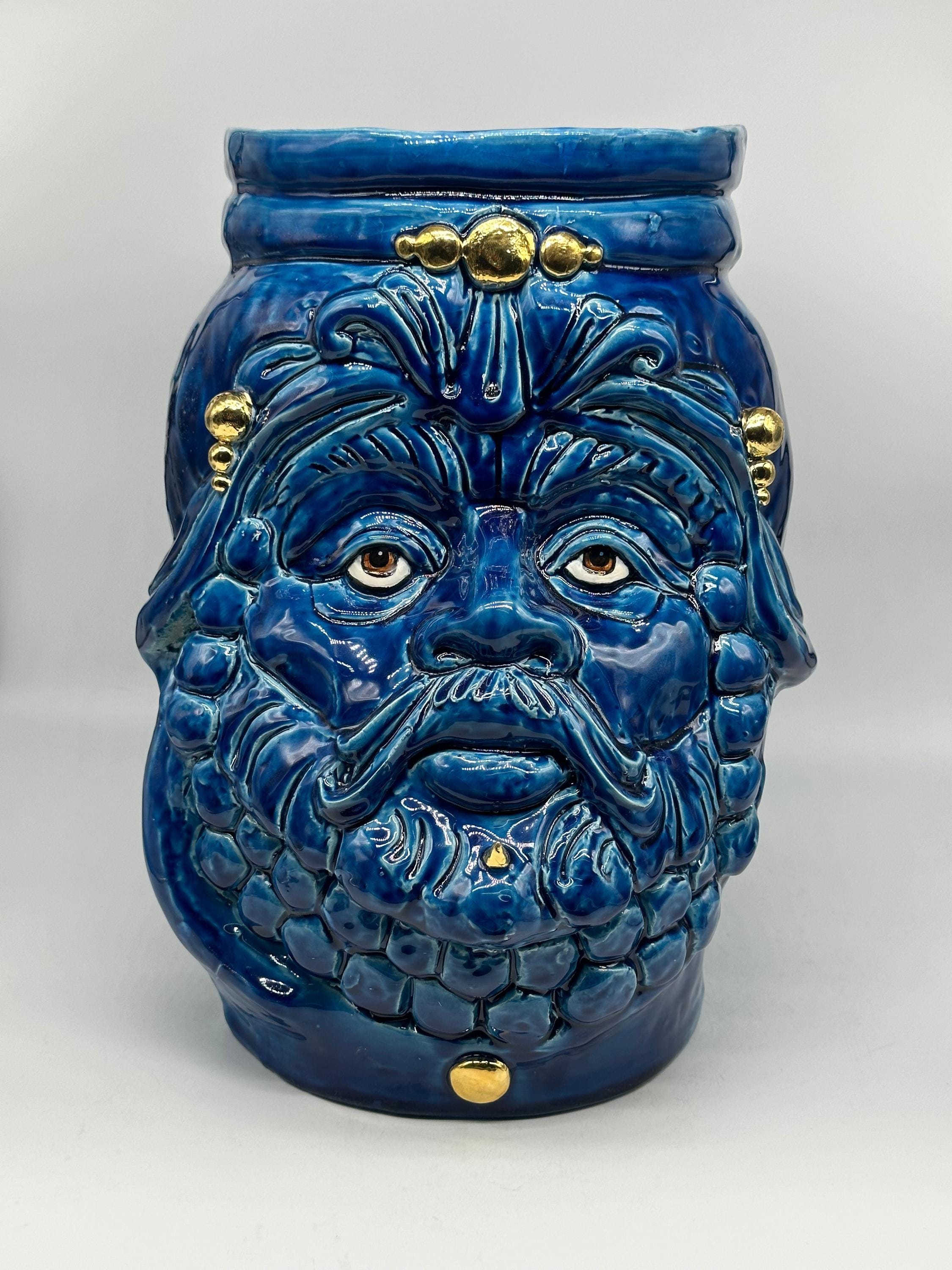 Testa Mitologica Uomo Ceramica Caltagirone cm H.35 L.25 Artigianale Blu dettagli Oro - TESTA DI MORO
