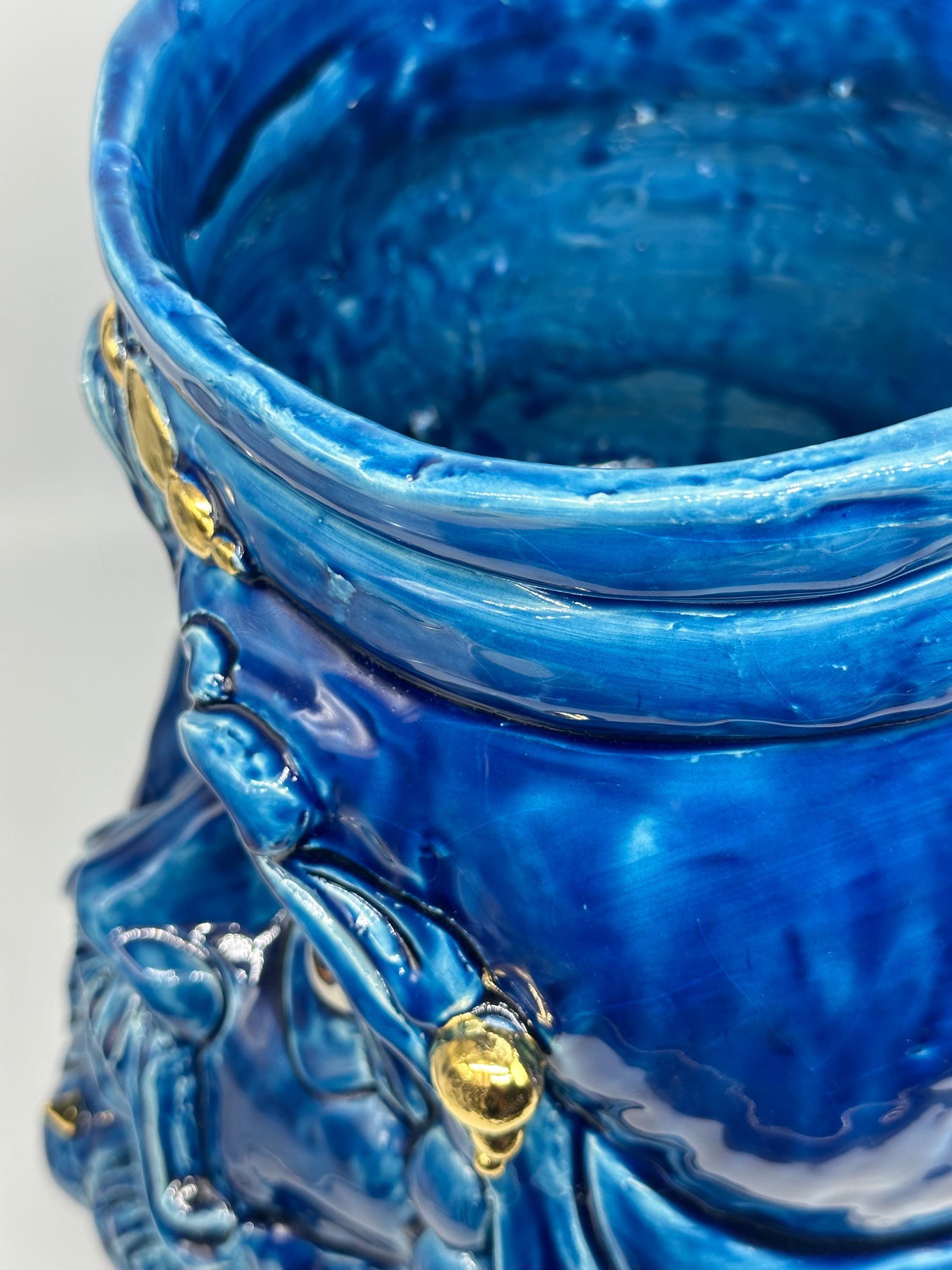 Testa Mitologica Uomo Ceramica Caltagirone cm H.35 L.25 Artigianale Blu dettagli Oro - TESTA DI MORO