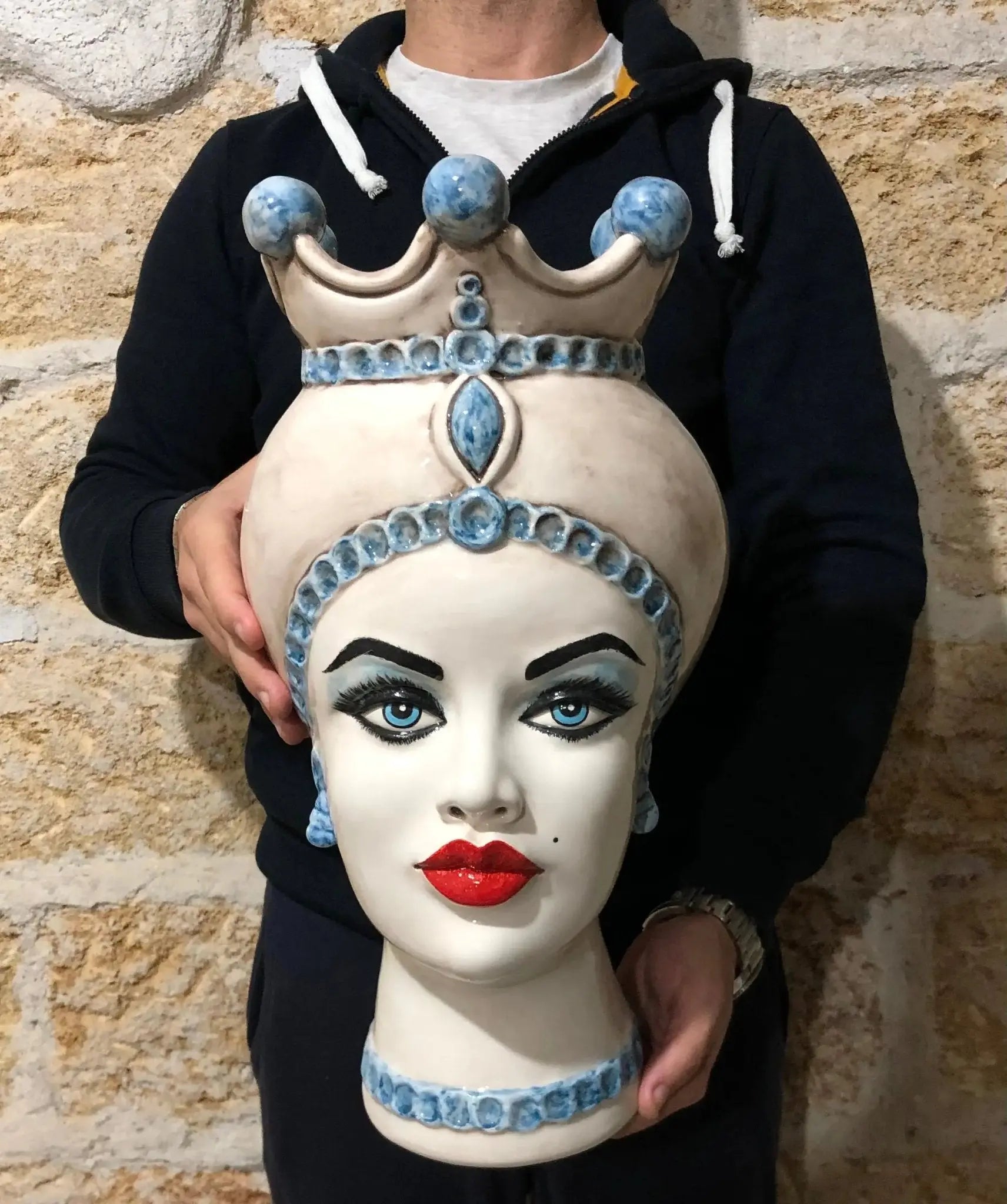 Teste di Moro Luis Ceramica Caltagirone cm H.44 L.23 Artigianale Turbante Liscio Écru Azzurro - DD CERAMICHE SICILIANE