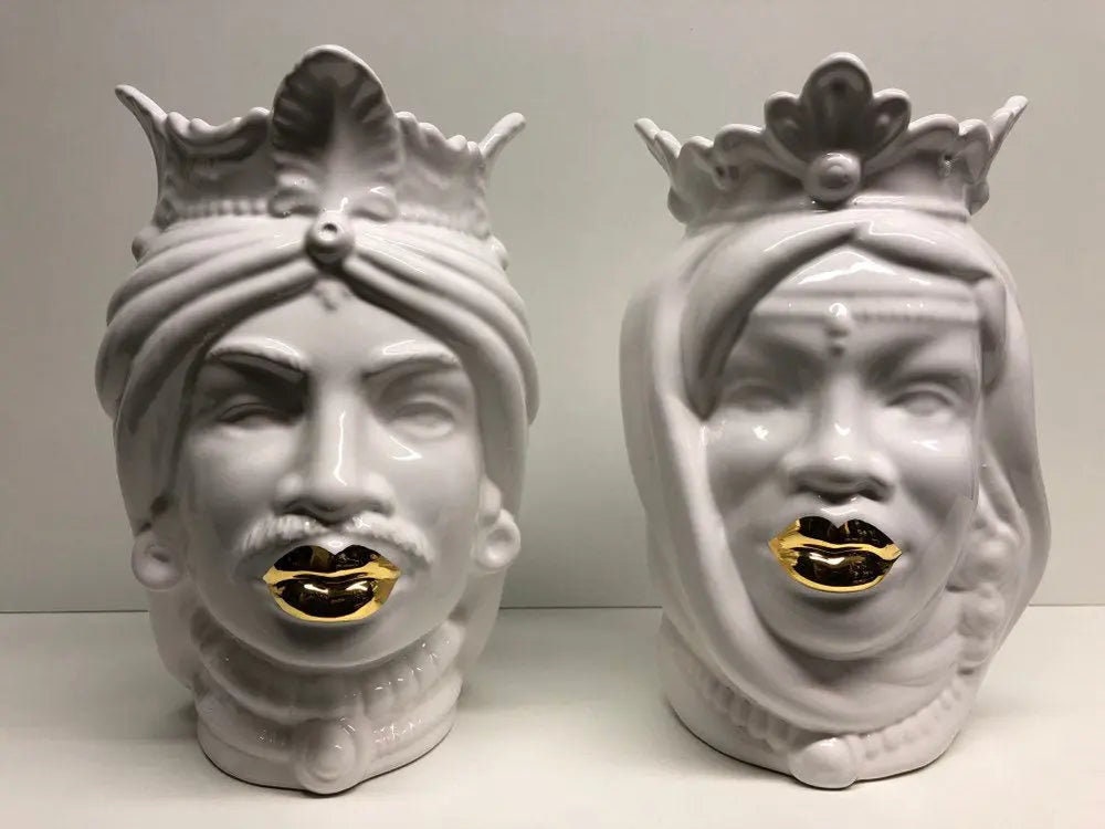 Teste di Moro Afro Ceramica Caltagirone cm H.25 L.17 Artigianale Bianco dettagli Oro DD CERAMICHE SICILIANE