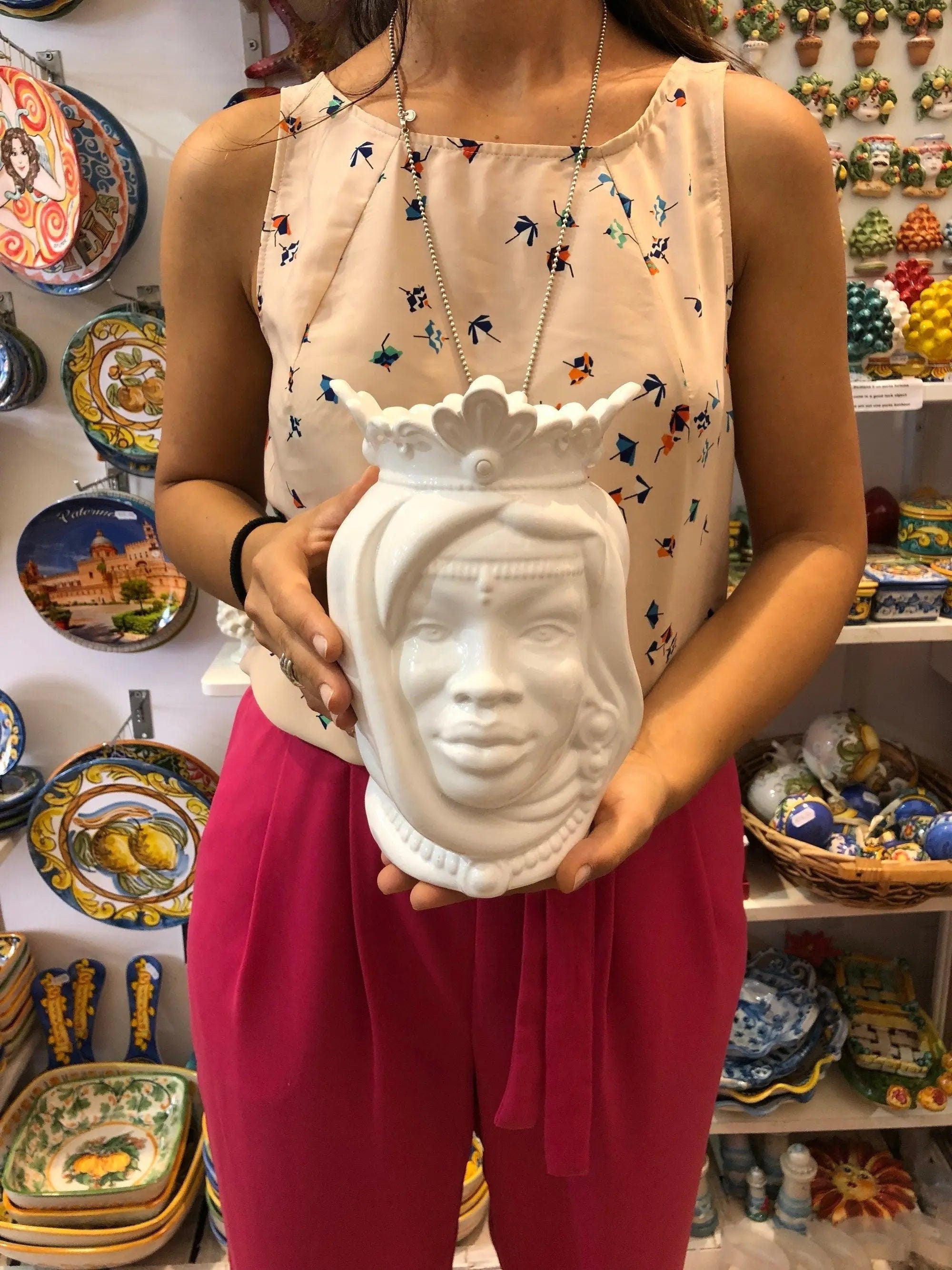 Teste di Moro Afro Ceramica Caltagirone cm H.25 L.17 Artigianale Bianco DD CERAMICHE SICILIANE