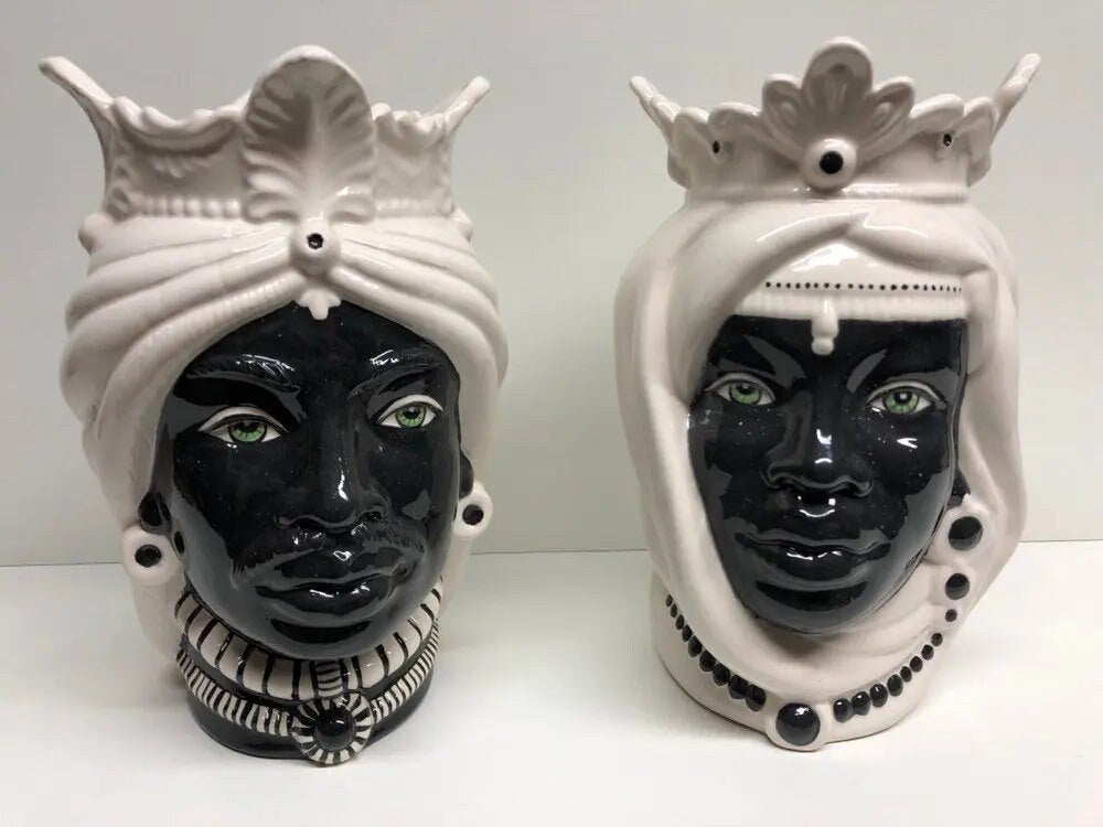 Teste di Moro Afro Ceramica Caltagirone cm H.25 L.17 Artigianale Bicolore Bianco Nero DD CERAMICHE SICILIANE
