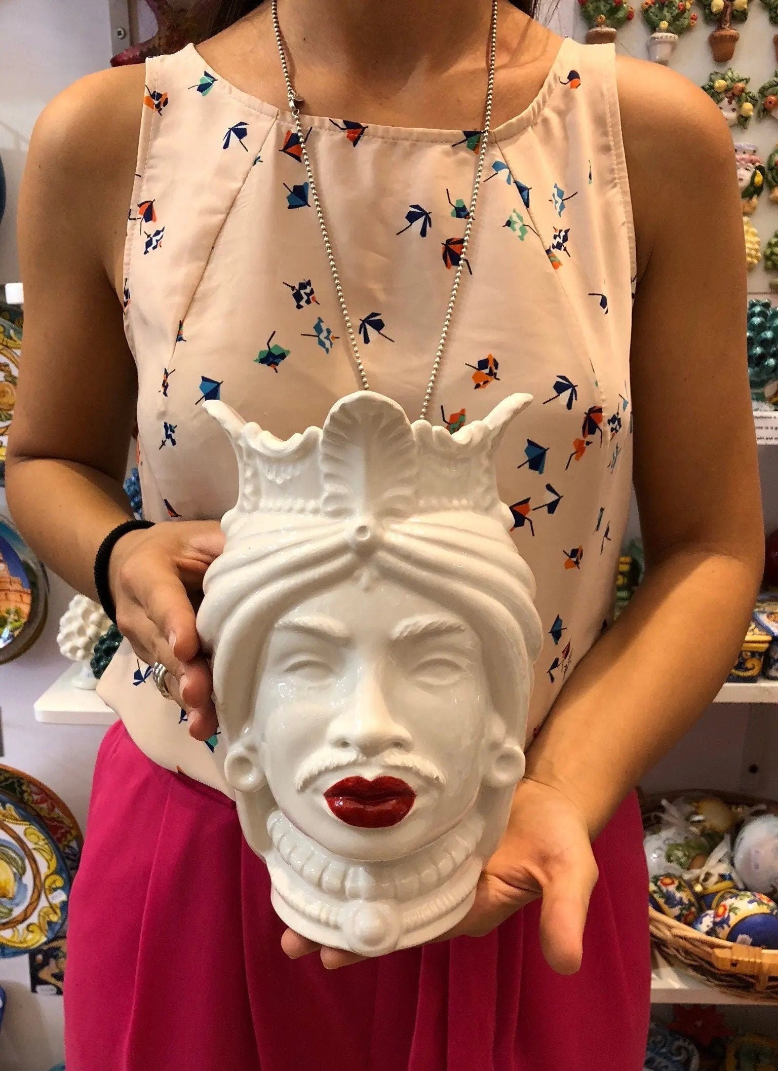 Teste di Moro Afro Ceramica Caltagirone cm H.25 L.17 Artigianale Bianco Labbra Rosse DD CERAMICHE SICILIANE