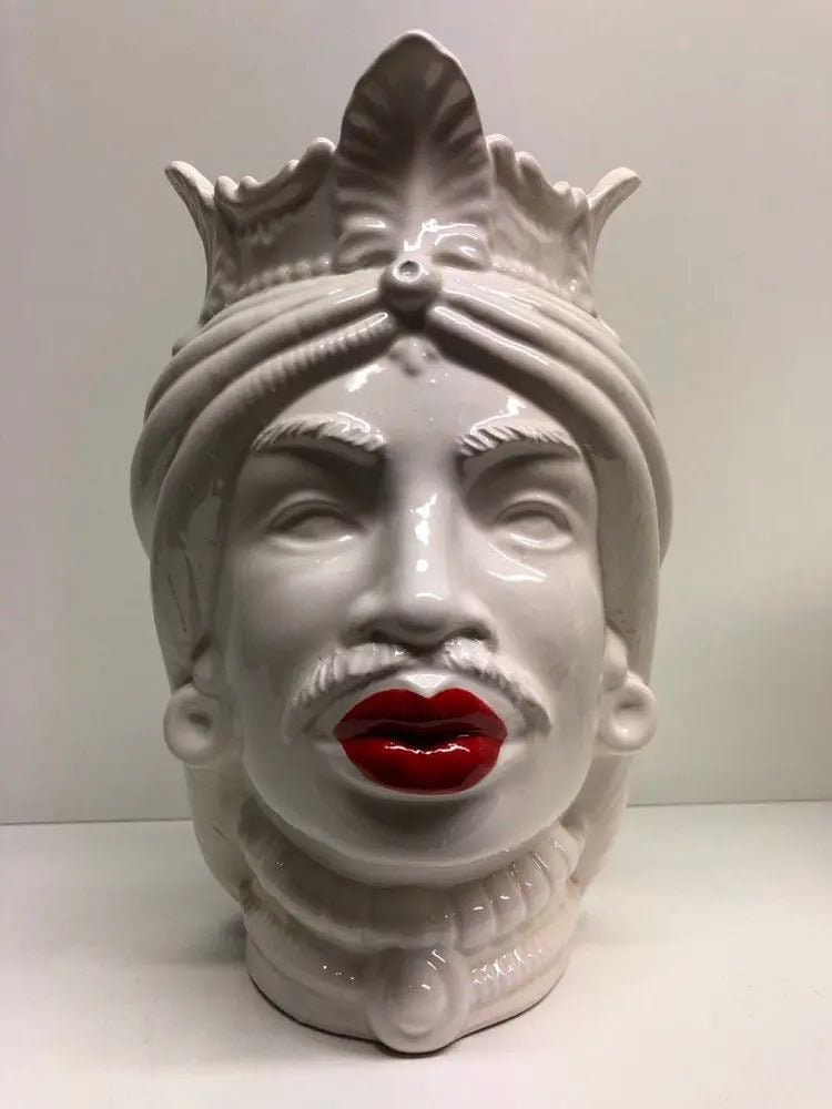 Teste di Moro Afro Ceramica Caltagirone cm H.25 L.17 Artigianale Bianco Labbra Rosse DD CERAMICHE SICILIANE