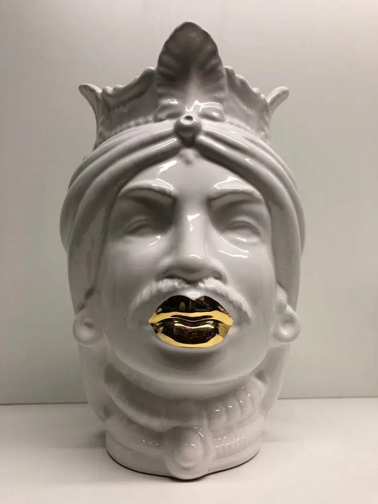 Teste di Moro Afro Ceramica Caltagirone cm H.25 L.17 Artigianale Bianco dettagli Oro DD CERAMICHE SICILIANE