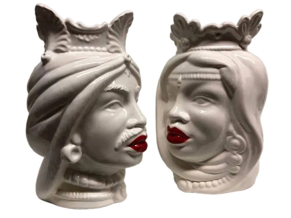Teste di Moro Afro Ceramica Caltagirone cm H.25 L.17 Artigianale Bianco Labbra Rosse - DD CERAMICHE SICILIANE