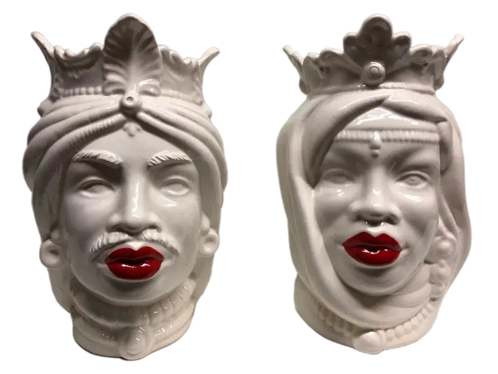 Teste di Moro Afro Ceramica Caltagirone cm H.25 L.17 Artigianale Bianco Labbra Rosse - DD CERAMICHE SICILIANE
