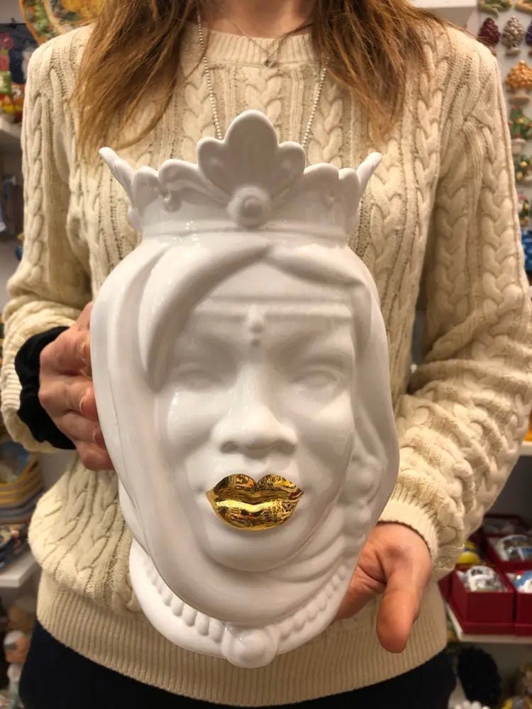 Teste di Moro Afro Ceramica Caltagirone cm H.25 L.17 Artigianale Bianco dettagli Oro DD CERAMICHE SICILIANE